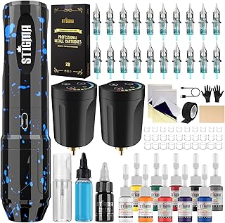 Wireless Tattoo Gun Kit Complete Tattoo Kit Tattoo Rotary Pen Set with 2Pcs Tattoo Battery 20Pcs Cartridge Needles 11Pcs Ink Tattoo Machine Kit for Beginners Tattooist ST-TK9003-3