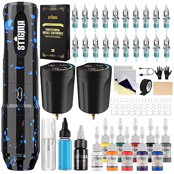 STIGMA Wireless Tattoo Gun Kit Complete Tattoo Kit Rotary Pen Set with 2Pcs Tattoo Battery 20Pcs Cartridge Needles 11Pcs Ink Tattoo Machine Kit for Beginners Tattooist ST-TK9003-3