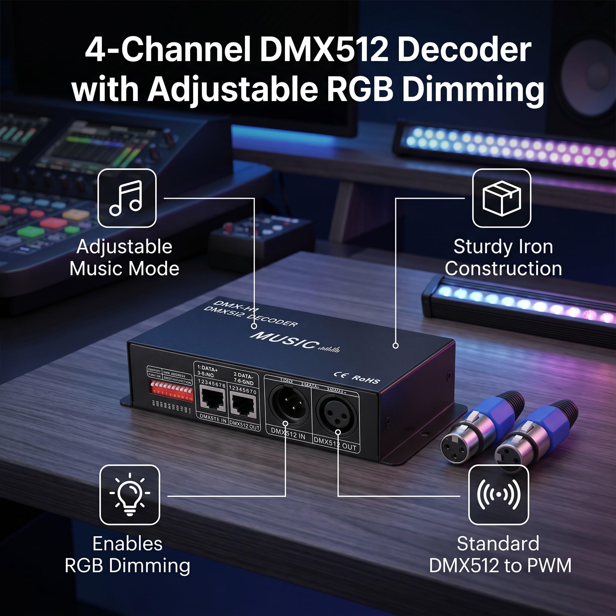 DMX 512 LED-Decoder-Controller, 4-Kanal-Treiber RGBW LED-Streifenlicht DC12V-24V mit Englischem Benutzerhandbuch Zum Einstellen der Lichtfarbe(8A pro Kanal)