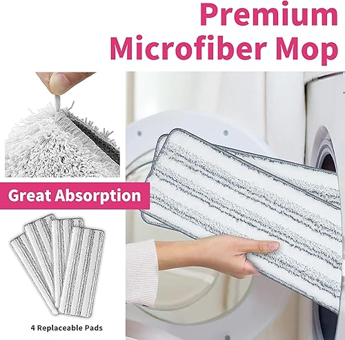 Miniatura 7 de Trapeador y cubo de acero inoxidable con escurridor para el hogar, trapeador plano manos libres con 4 cabezales de mopa de microfibra lavables y