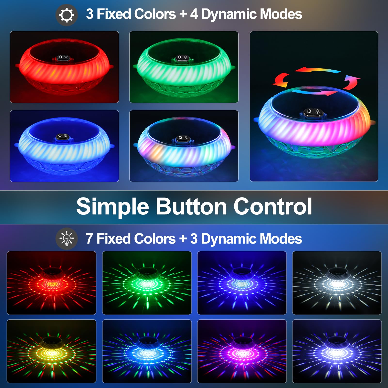 Askyli Luces flotantes para piscina alimentadas por energía solar con control remoto, luces solares RGB de 7.6 pulgadas que cambian de color que flotan con efectos de iluminación dinámicos, luz