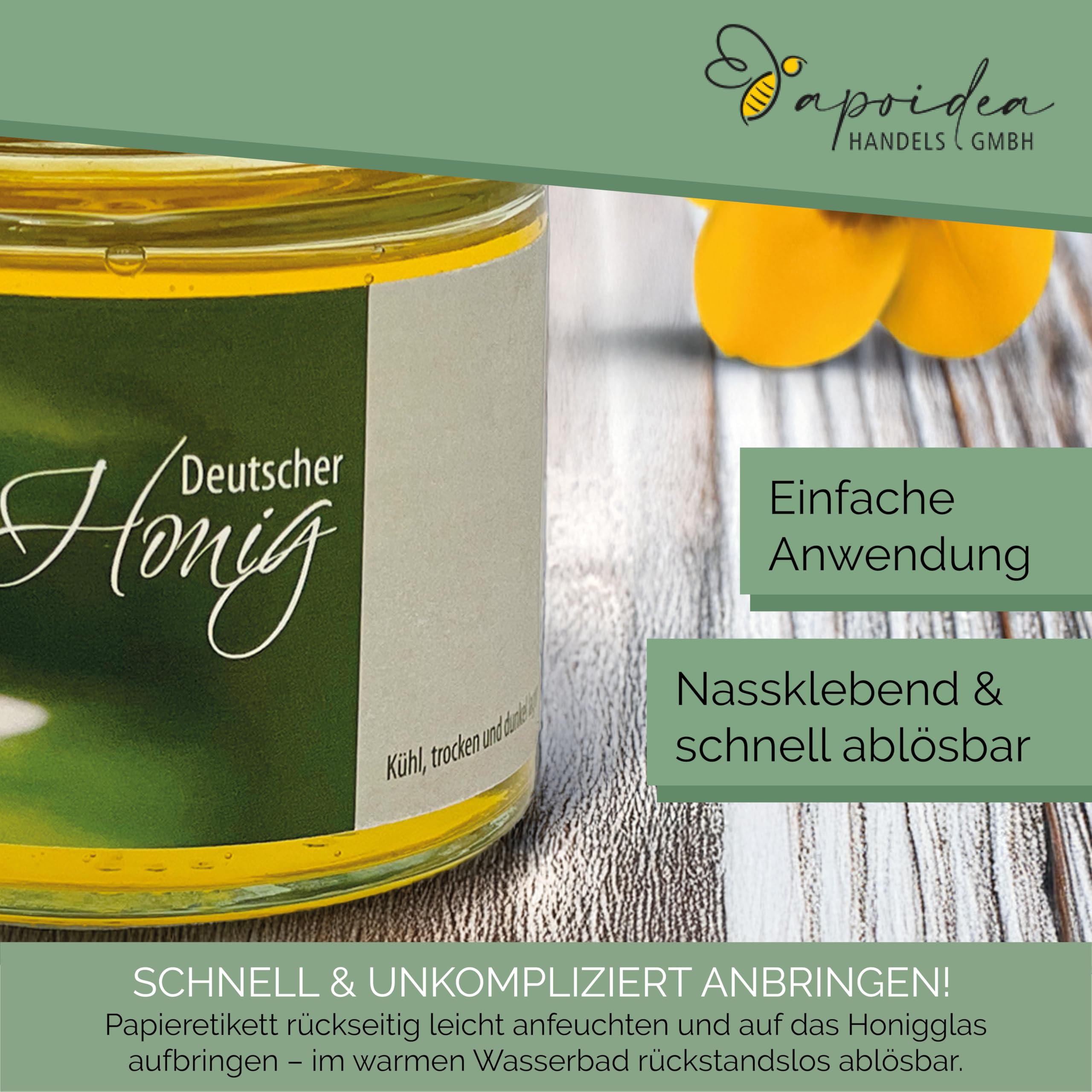 Apoidea – Honig Etiketten 500 g mit Gewährverschluss nassklebend – 100 Stück zum Stempeln/Etiketten Honiggläser/Honig Aufkleber für selbstgemachten Honig/Honigetiketten für Honiggläser