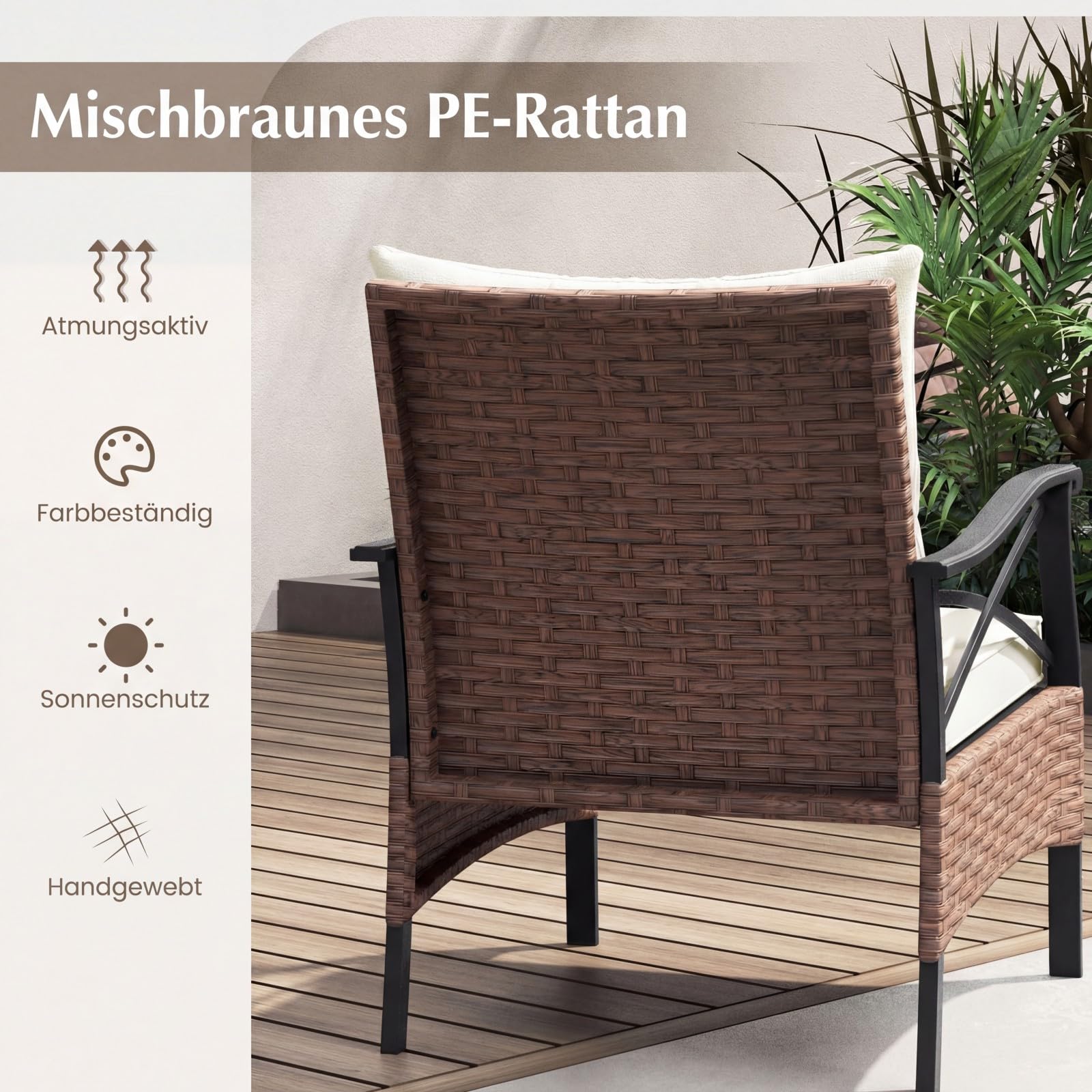 COSTWAY Rattan Gartenmöbel Set, 5-teiliges Balkonmöbel, Balkonset inkl. 2 Stühle mit Kissen, Hocker & Tisch, Terrassenmöbel, Gartengarnitur, Sitzgruppe für Garten, Balkon, Terrasse (Braun + Beige)