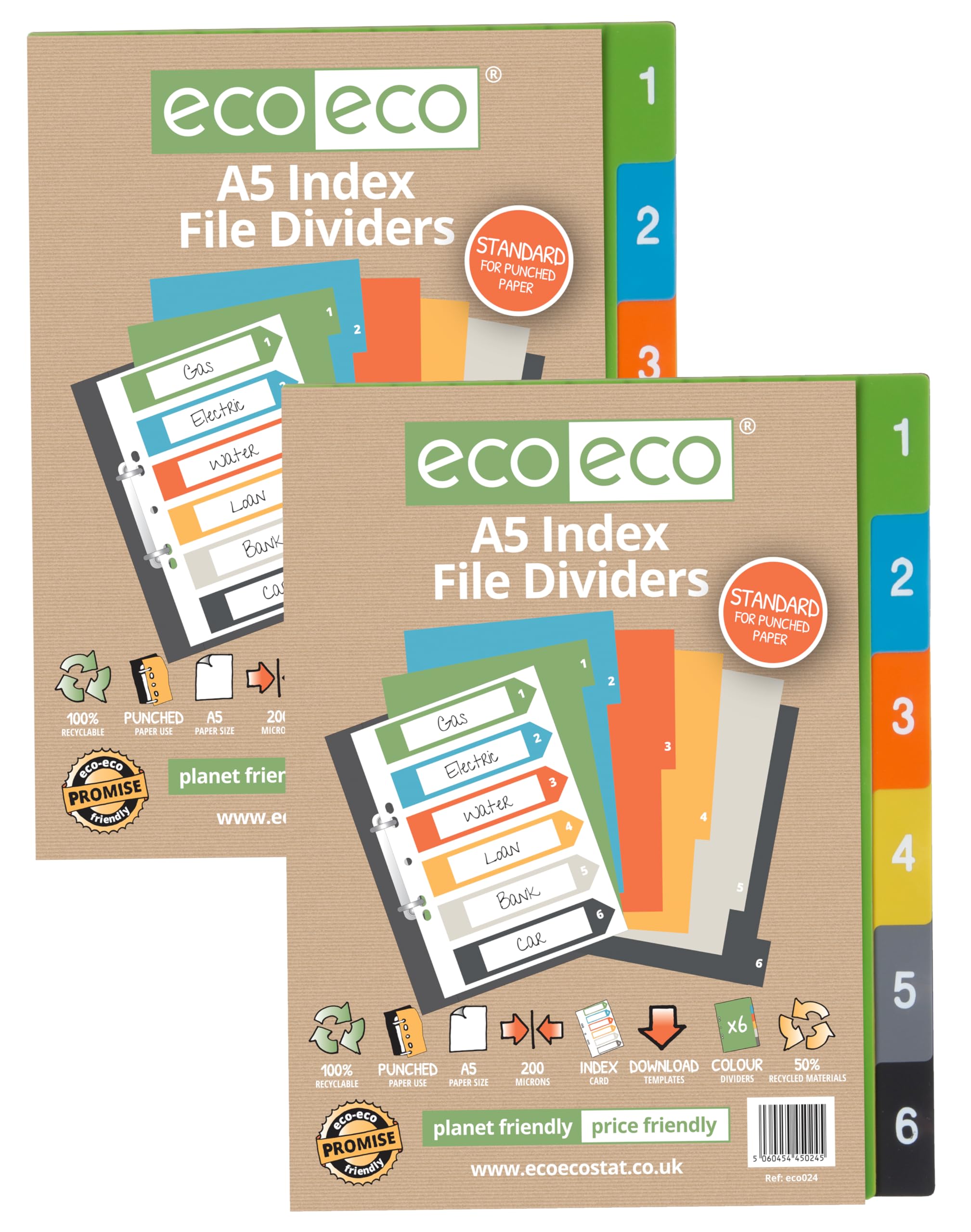 eco-eco A5 50% Recycled Set 6 Multi-Punched Index File Dividers, Multicoloured Tabbed 1-6 Ring Binder Subject Dividers, Pack of 2, eco024x2