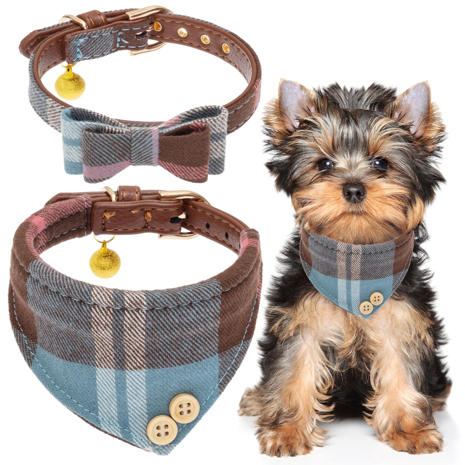Collier chien et chat XS à carreaux bleus avec nœud papillon et bandana EXPAWLORER pour fête