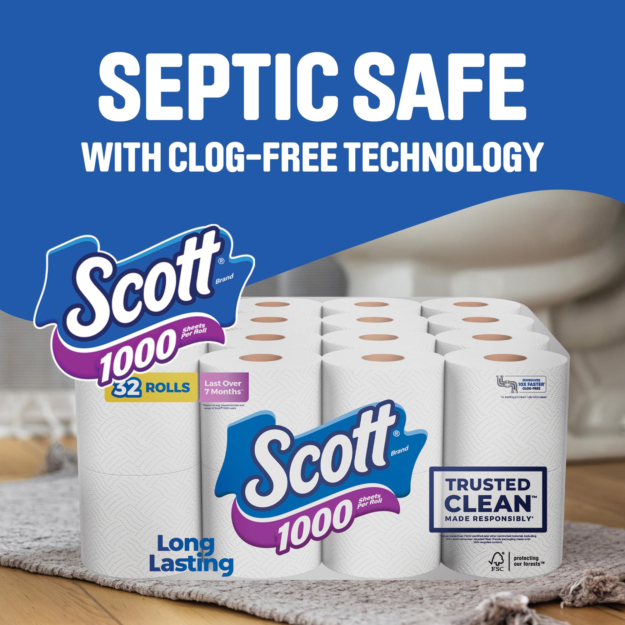 Scott Papel higiénico Trusted Clean 1000, 32 rollos, 1000 hojas por rollo, papel higiénico