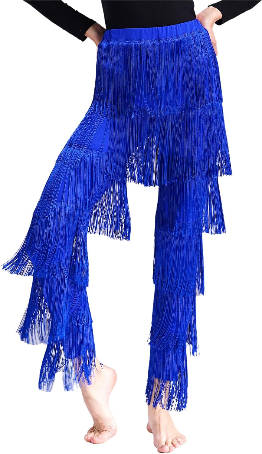 ranrann Women's Latin Dance Pants Tassel Fringe Ballroom Tango Cha Cha Stage Performance Pants