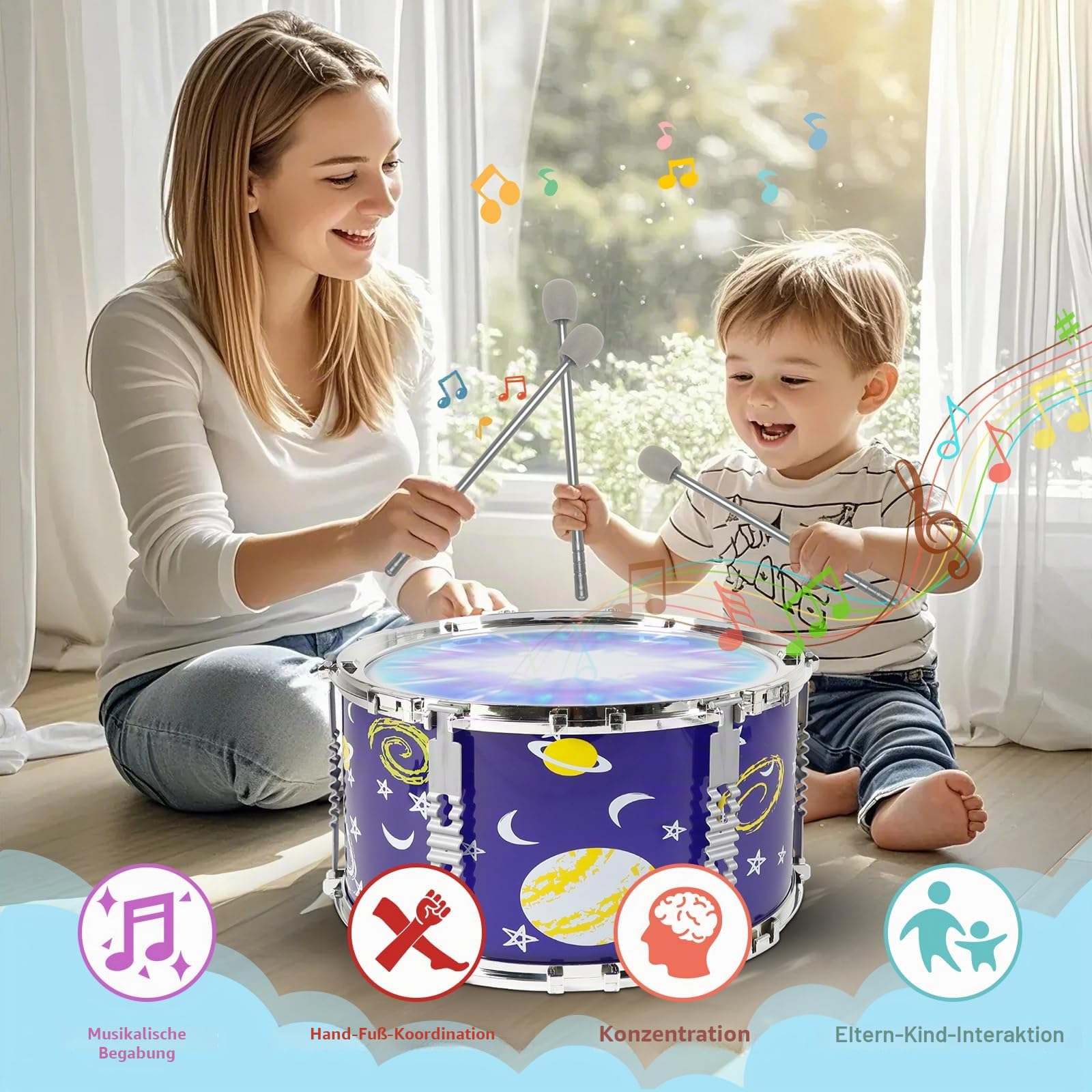Schlagzeug Kinder mit Lichtern, 5 Trommels Anfänger-Schlagzeug mit Hocker Percussion, Musikinstrument Lernspielzeug Spielzeug Geschenk für Kinder ab 3 4 5 6 Jahre Mädchen und Jungen