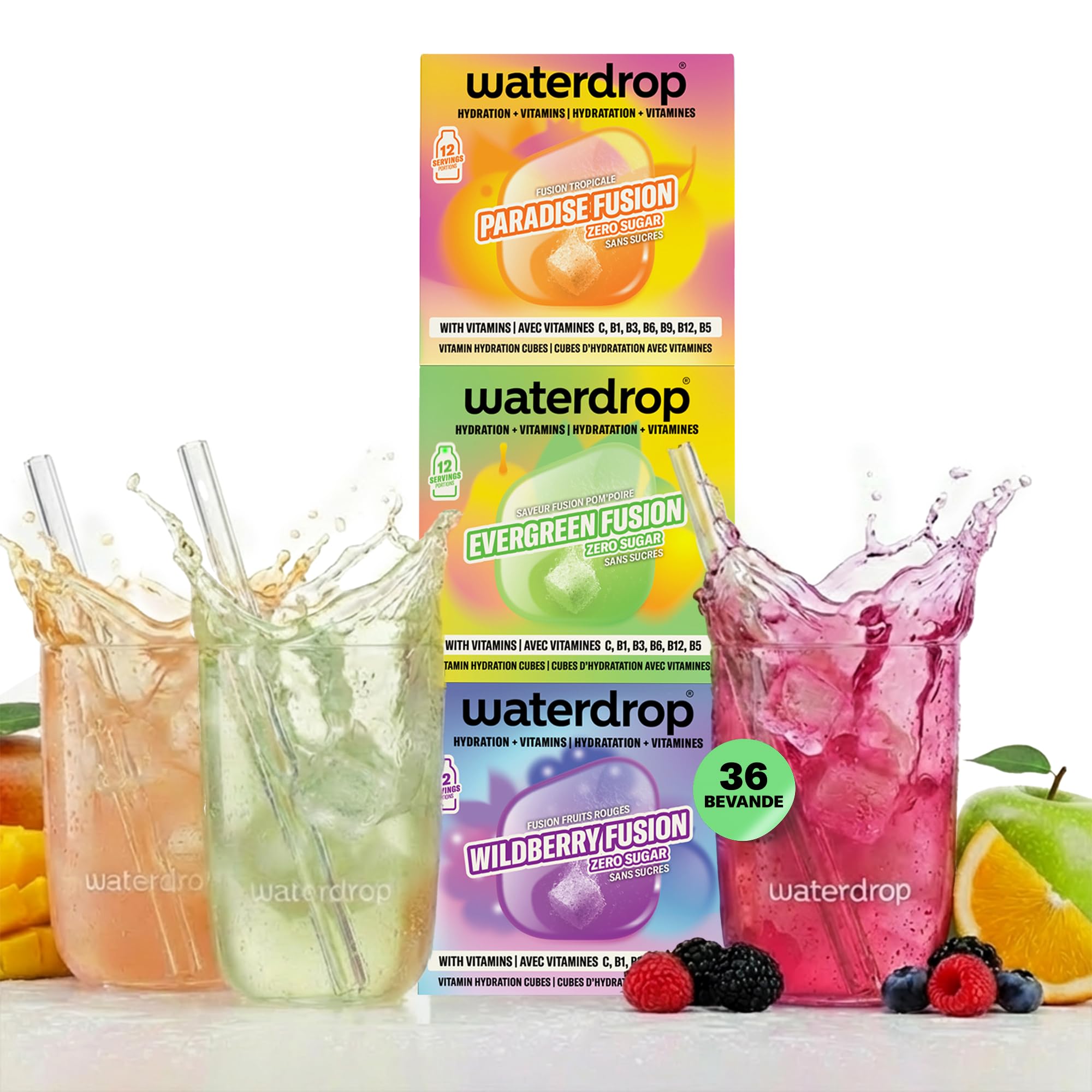 waterdrop® FUSION COLLECTION - Cubetti per Acqua - 36 Cubi (3x12) Mix di Frutta - Senza Zucchero con Vitamina C e Vitamina B12 - Alternativa ai Succhi di Frutta - Perfetto per Acqua Naturale - 5 kcal