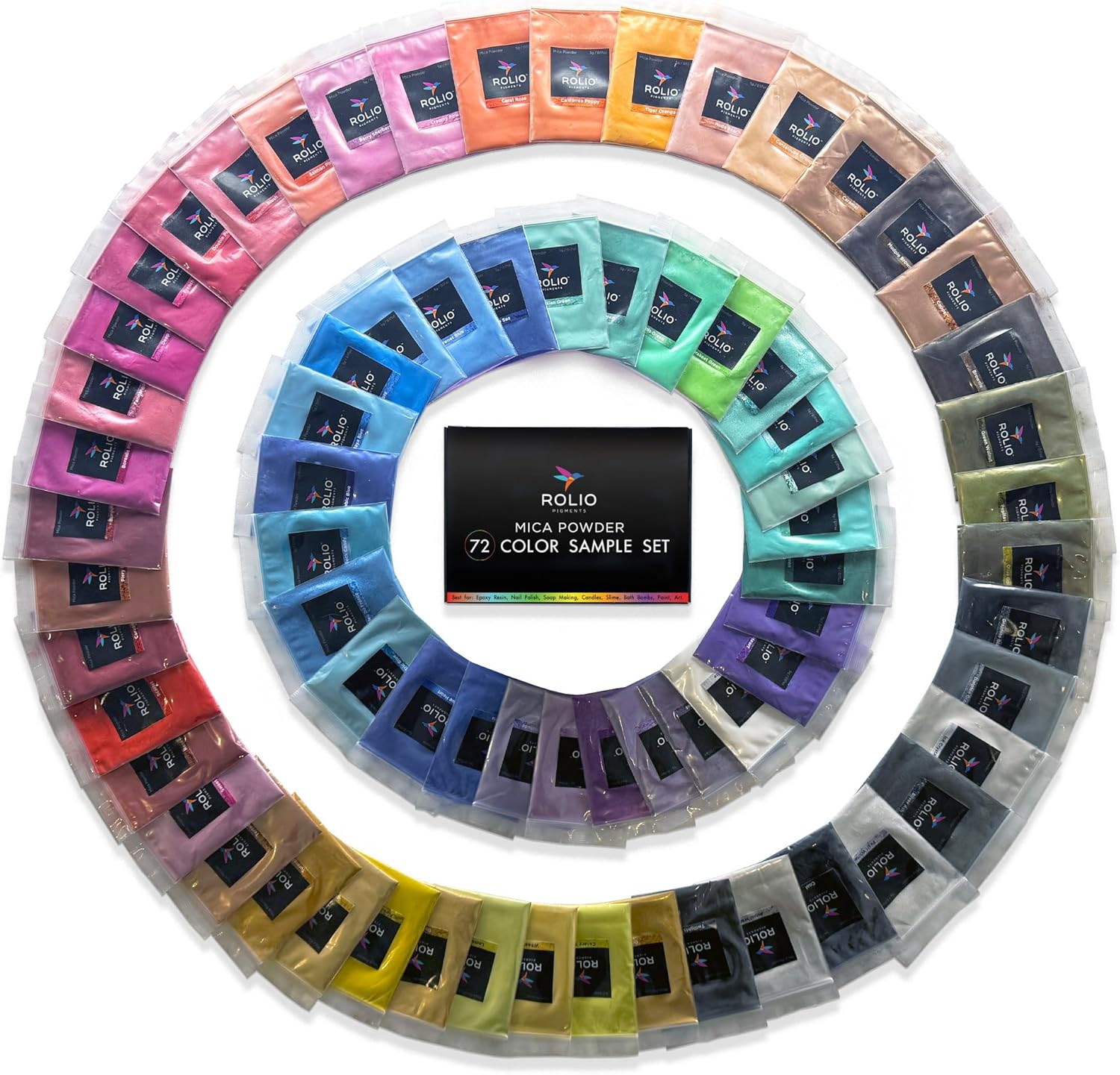 Rolio Mica Powder 72 Color Pearlescent Pigment - Art Set for Resin Epoxy - for Soap Making, Nail Polish, Lip Gloss, Eye Shadow, Slime & Candle Jars - 5g, 72 Bags - Original Complete Set