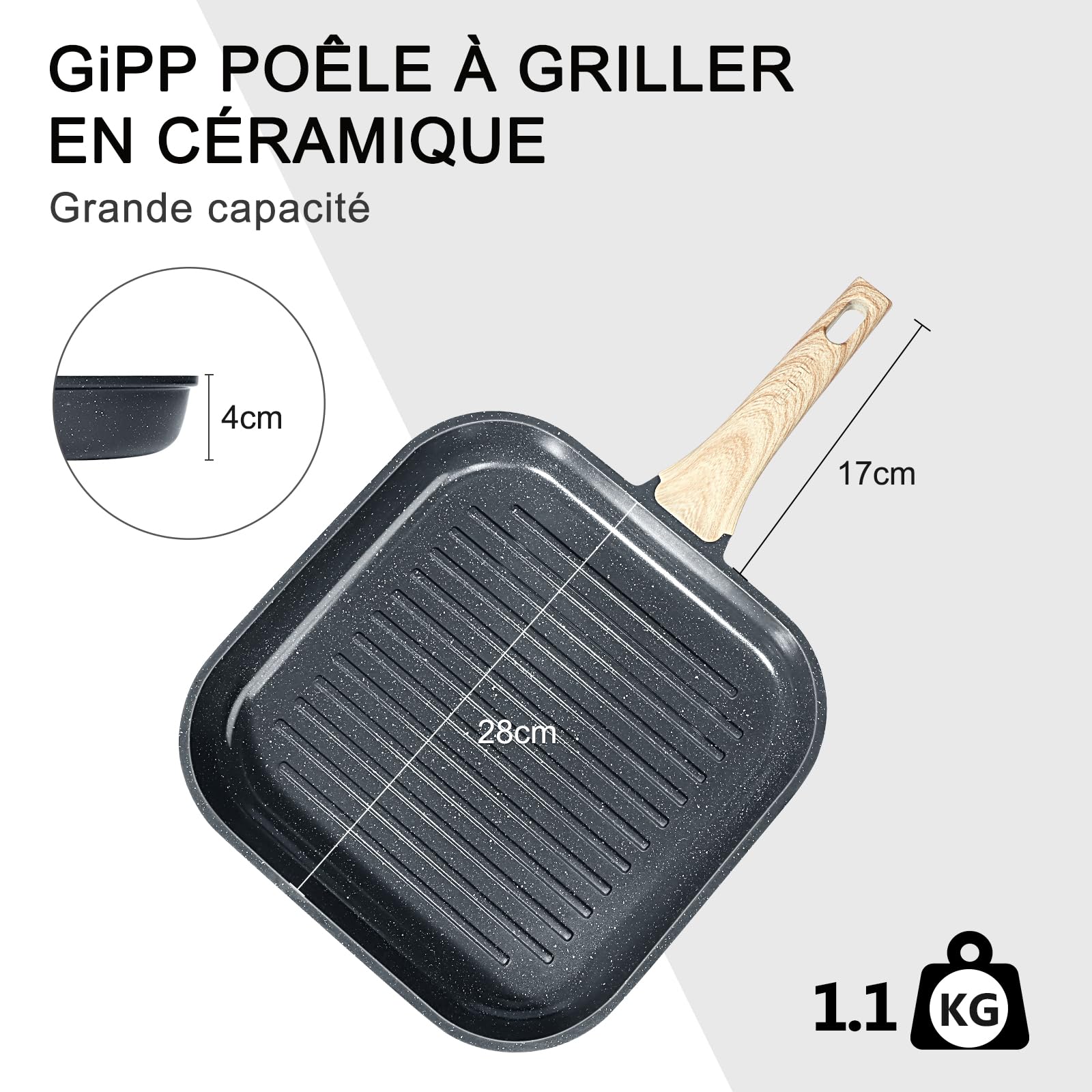 GiPP Poêle grill 28 x 28 cm, poêle à induction en aluminium moulé sous pression avec revêtement antiadhésif en granit, 100 % sans PFOA, convient pour tous les types de cuisinières (gris, 28 cm)