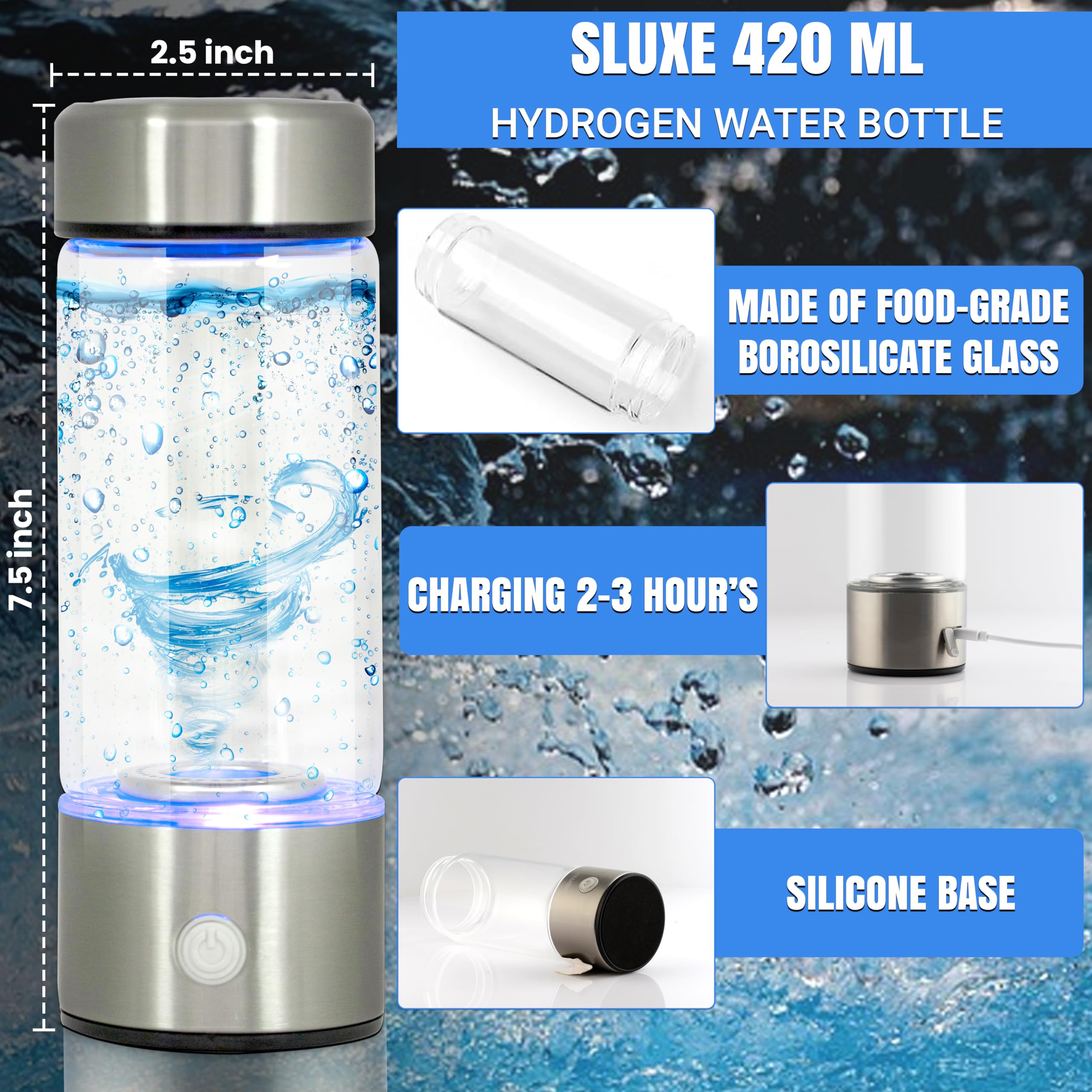 Generador de botella de agua de hidrógeno – Hidrogenación rápida de 3 minutos 1680 PPB, tecnología SPE PEM – Capacidad de 420 ml – Máquina ionizadora recargable portátil – Regalo de atención médica
