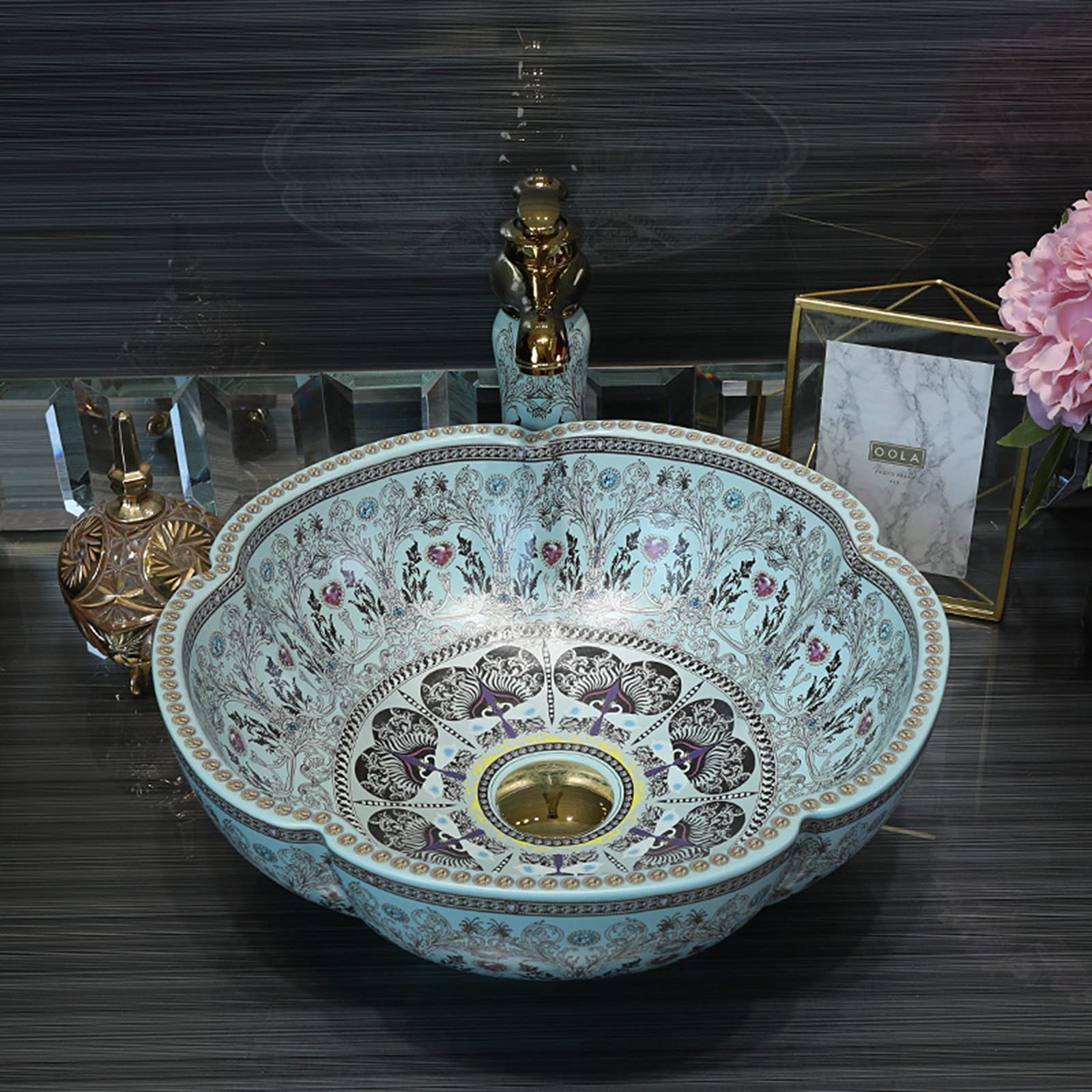 Lavabo de cerámica azul claro con diseño de flores para bar y armario pequeño, 1 encimera para baño