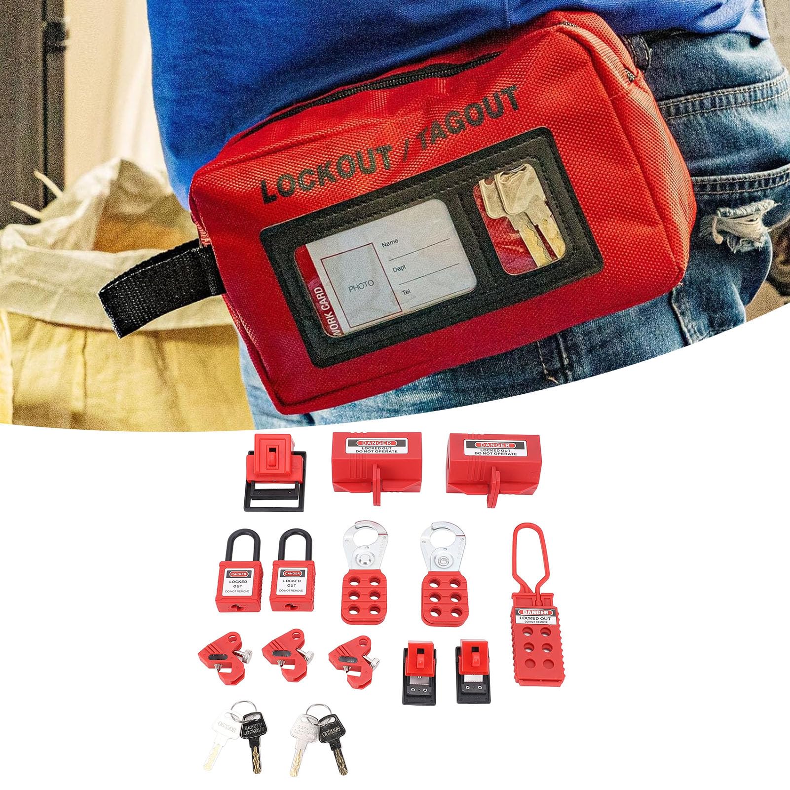 Kit de Bloqueo y Etiquetado, Kit Loto de Seguridad Eléctrica que Incluye Bloqueo de Disyuntor con Abrazadera, Candados, Cerrojos, de Enchufe, Cable, Válvula de Bola, Caja de Herramientas,