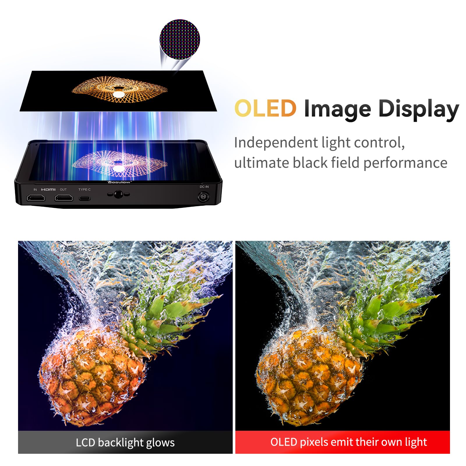 Desview OL7 Fotocamera Field Monitor 7 ", 1200 nits OLED Touch Screen Fledmonitor 4K HDMI con 3D LUT HDR Forma d'onda Istogramma Peaking Focus Full Funzione per videocamera DSLR