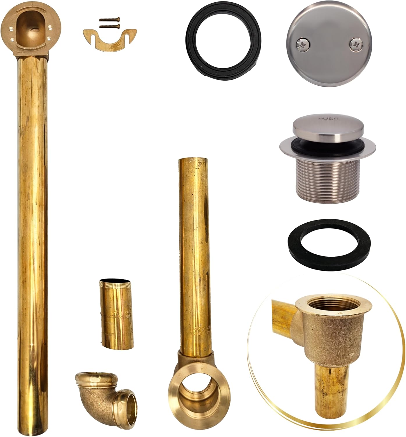 Westbrass 7931817-DC-07 22" Direct Connect 17 Gauge Brass Waste and Overflow with Tip-Toe Drain Trim, Satin Nickel
