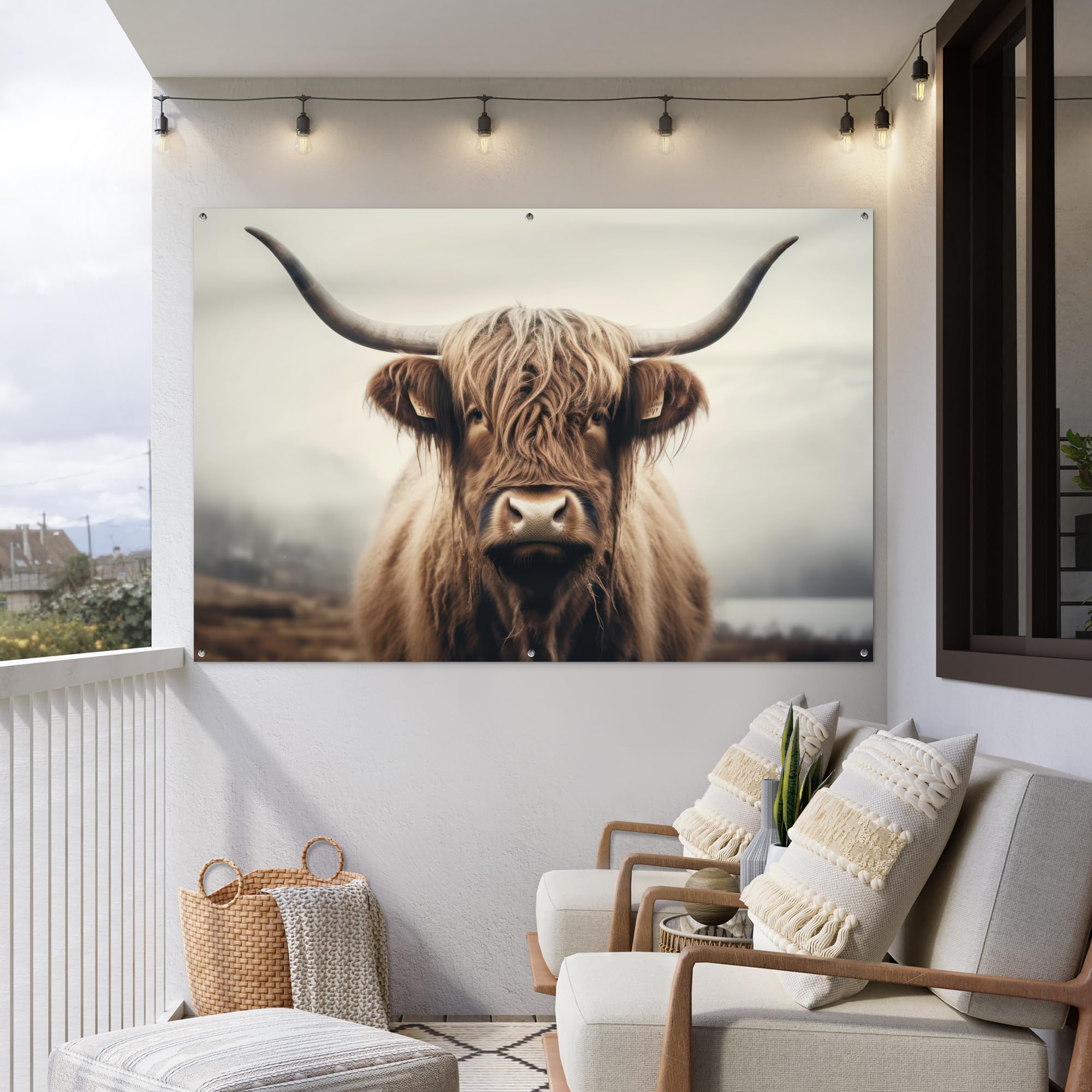 MuchoWow© Poster De Jardin Decoracion Balcón Wall Decoration Adornos Pared | 180x120 cm - Terraza Exterior Decoración Patio Posters Decorativos Highlander escocés - Cuernos - Paisaje