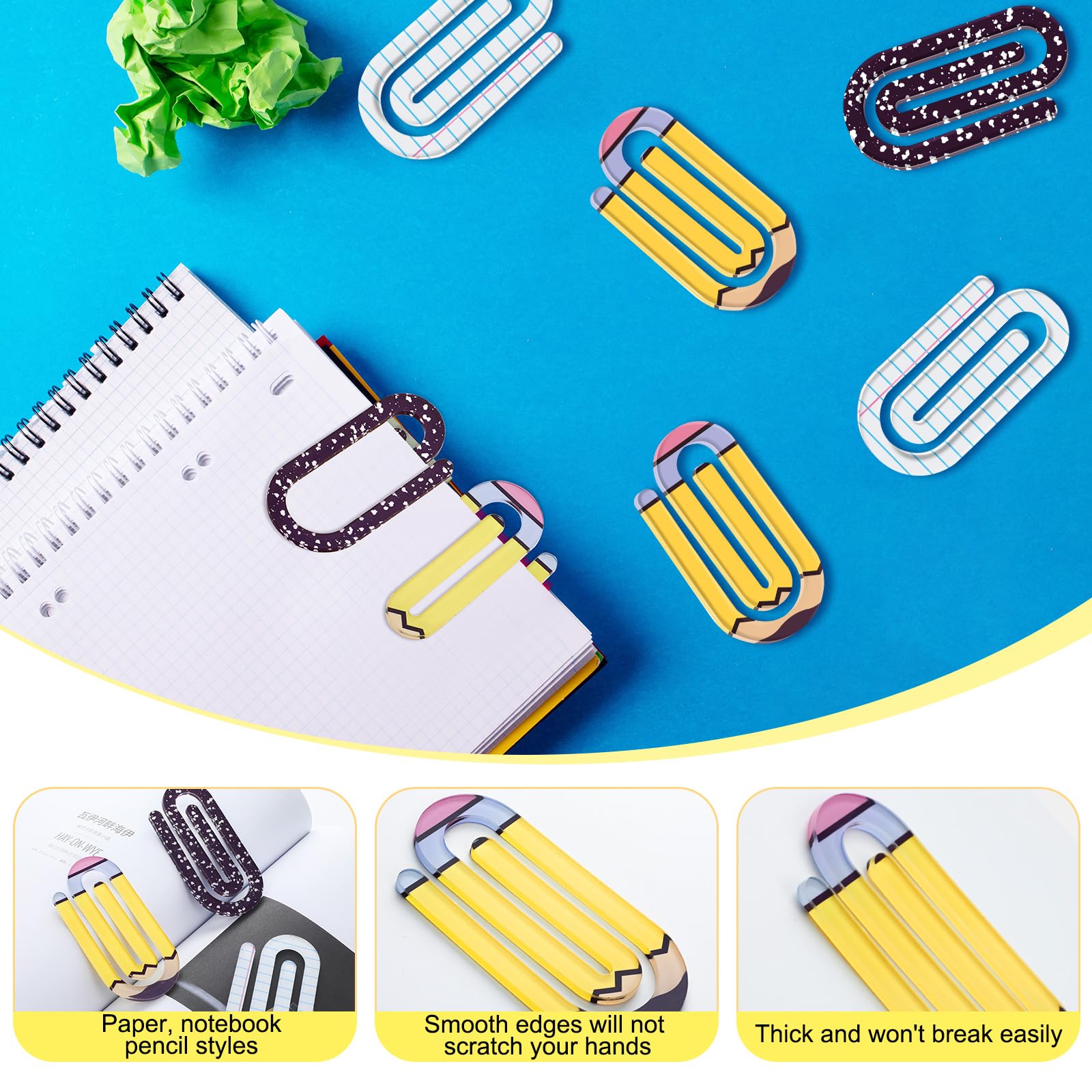 Affrolling Jumbo-Acryl-Büroklammern, Lehrer, Wertschätzungsgeschenk, 10,2 cm, Büroklammer-Lesezeichen-Set für Buchliebhaber, Schulbedarf, 9 Stück