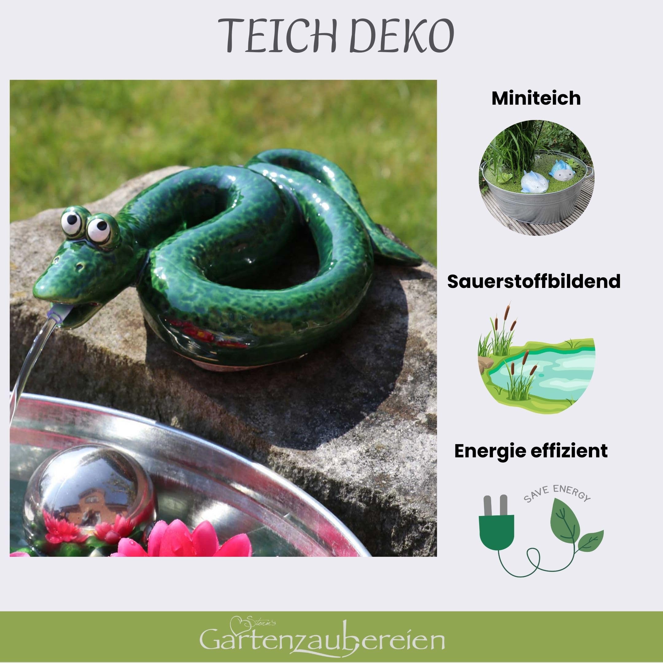 Wasserspeier Schlange mit Pumpe - aus Keramik in grün für Balkon Terrasse und Miniteich - Teichdeko