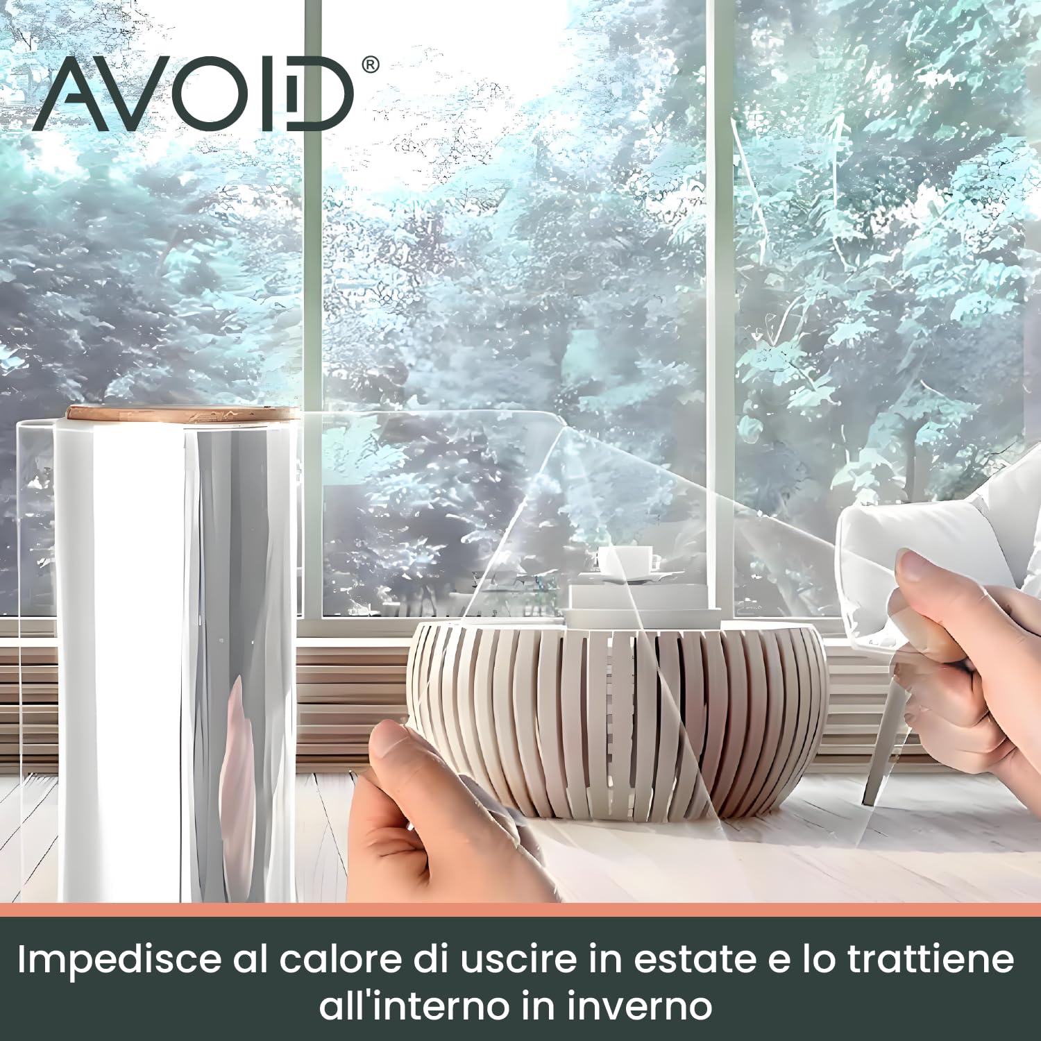 AVOID Pellicola per Vetri Finestre – Pellicola Adesiva per Vetri Trasparente con Protezione Solare – Blocca 99% dei Raggi UV – Riutilizzabile – Spatola, Taglierino e Spruzzino Inclusi (60x300 cm)