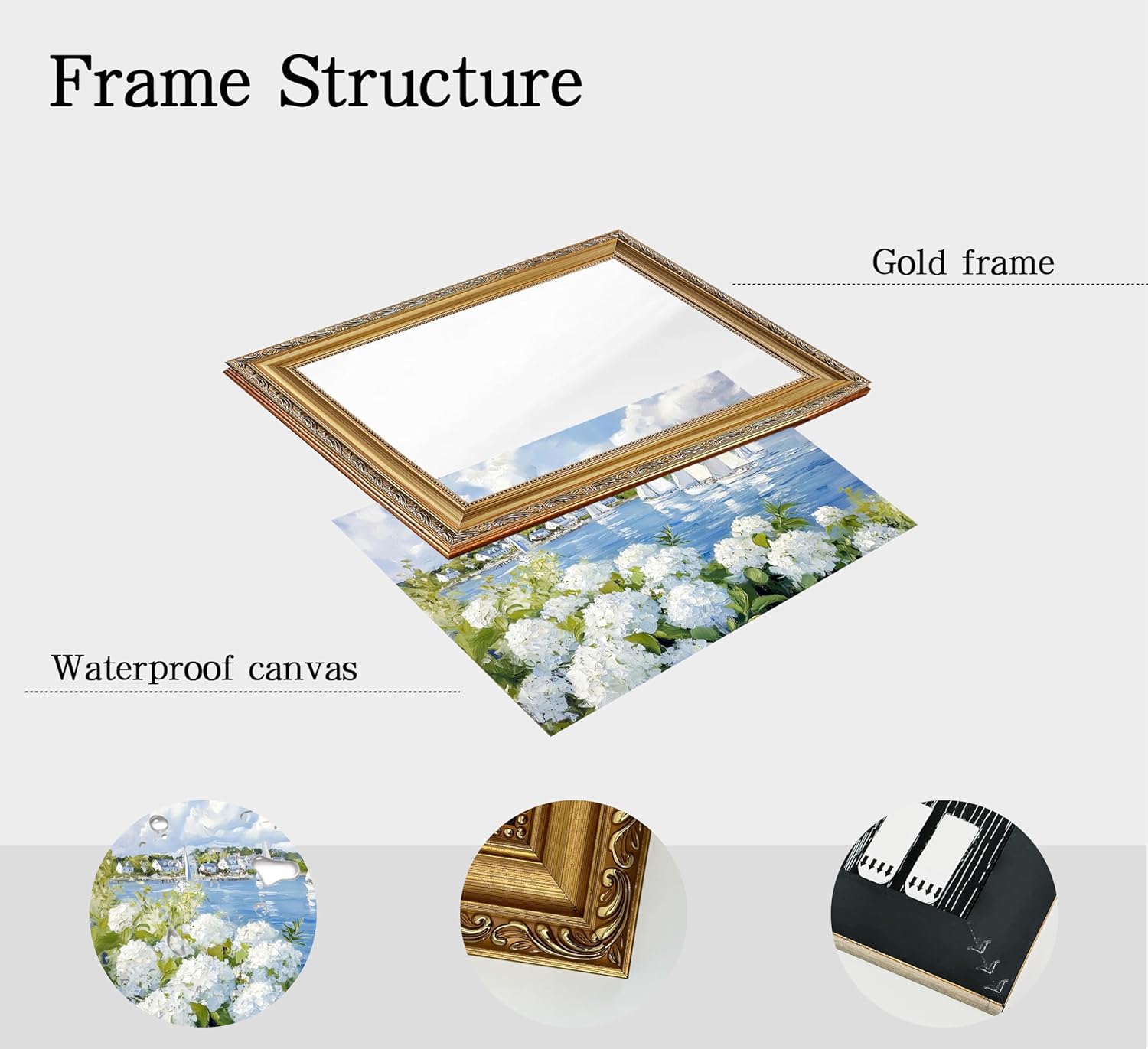 Vintage Gold Frame 3D Texture Coastal Floral Wall Art Summer Ocean Aesthetics Sailing Painting Picture Wall Decor White Hydrangea Poster Print Artwork for Kitchen Bedroom Living Room Home Decoration
