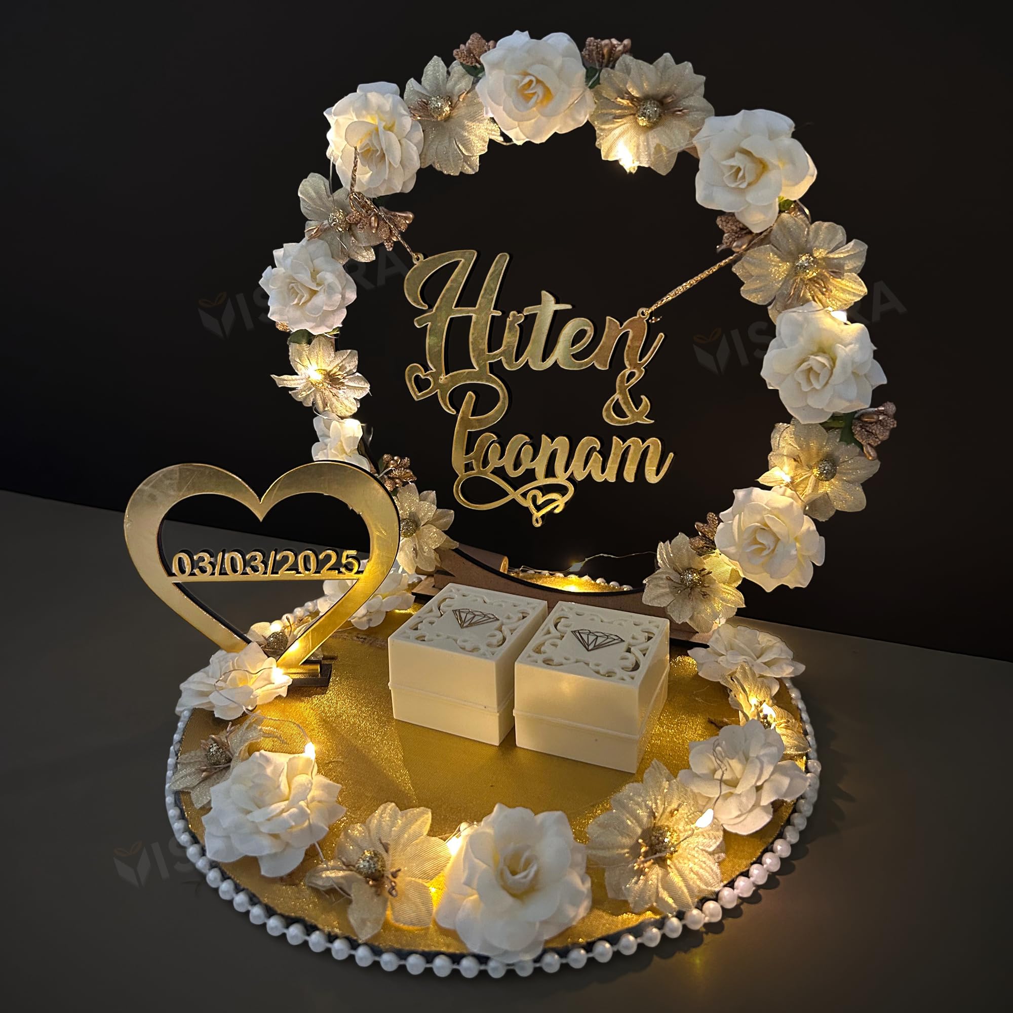 Vissera Engagement Ring Platter for Ring Ceremony | Decorative Fancy Engagement Thali for Couple Name & Date with LED Light | Wedding Ring Holder Thali Tray | Perfect Gifting for Bride/Groom-image-23