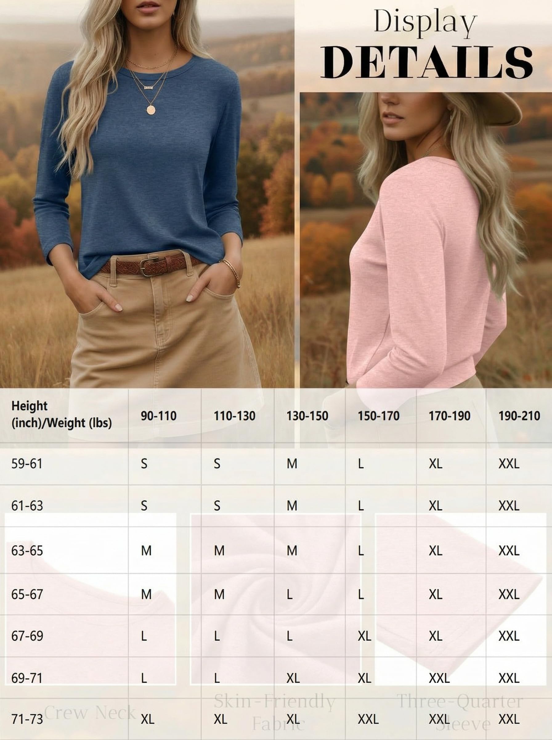 Ficerd 3er-Pack 3/4-Ärmel-Tops für Damen Rundhalsausschnitt Elegante Basic-T-Shirts Lässig Trendig Lockere Passform