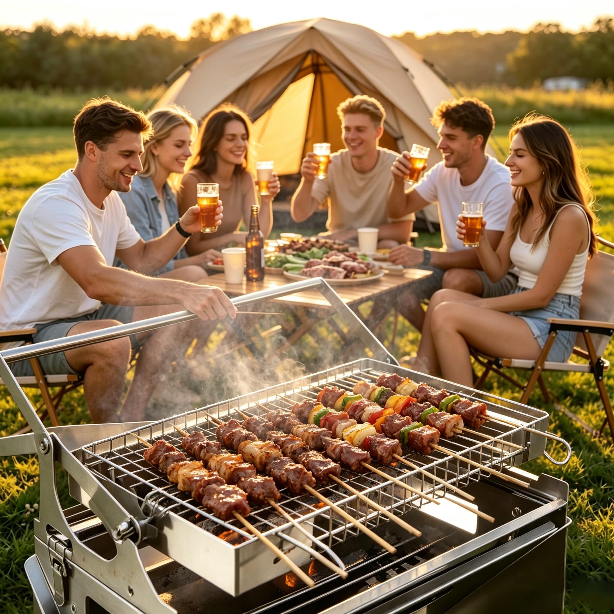 Odwracany grill, przenośny grill i palenisko 2 w 1 ze stali nierdzewnej, dwustronna klatka obrotowa 180° z regulowanym grillem, zdejmowana konstrukcja do biwakowania i gotowania na świeżym powietrzu