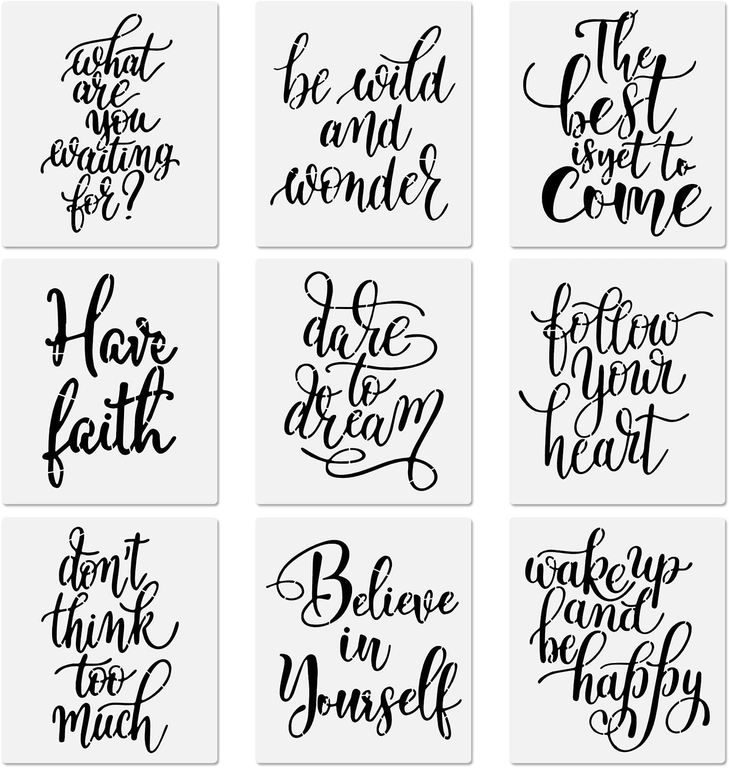 9 Pieces Word Stencil Templates Inspirational Quote Sign Stencils Plastic Motivational Stencils Reusable Word Sign Stencil for Word Art Painting on Wood and Walls Home Window Glass Decor