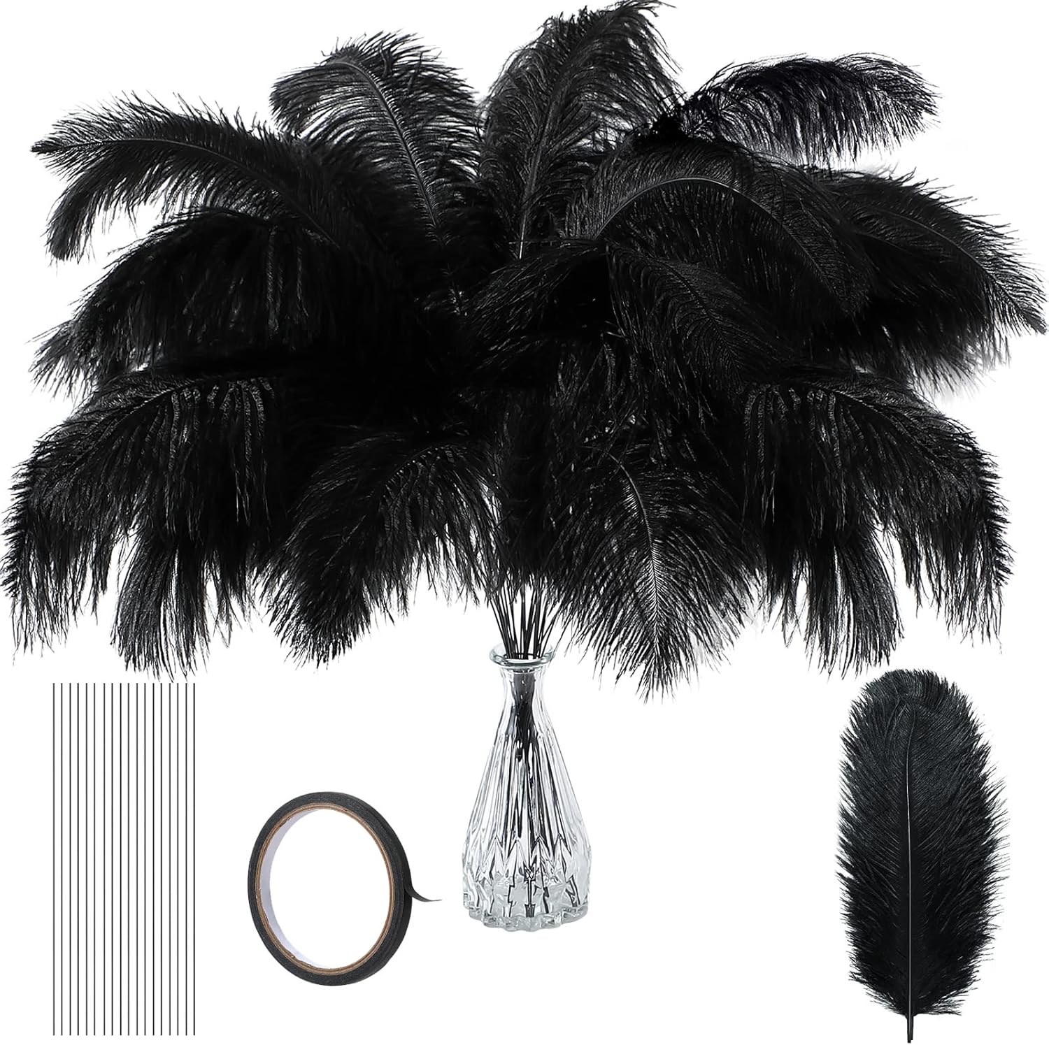 Black Large Feathers for Vase and Centerpieces 24 Pcs 10