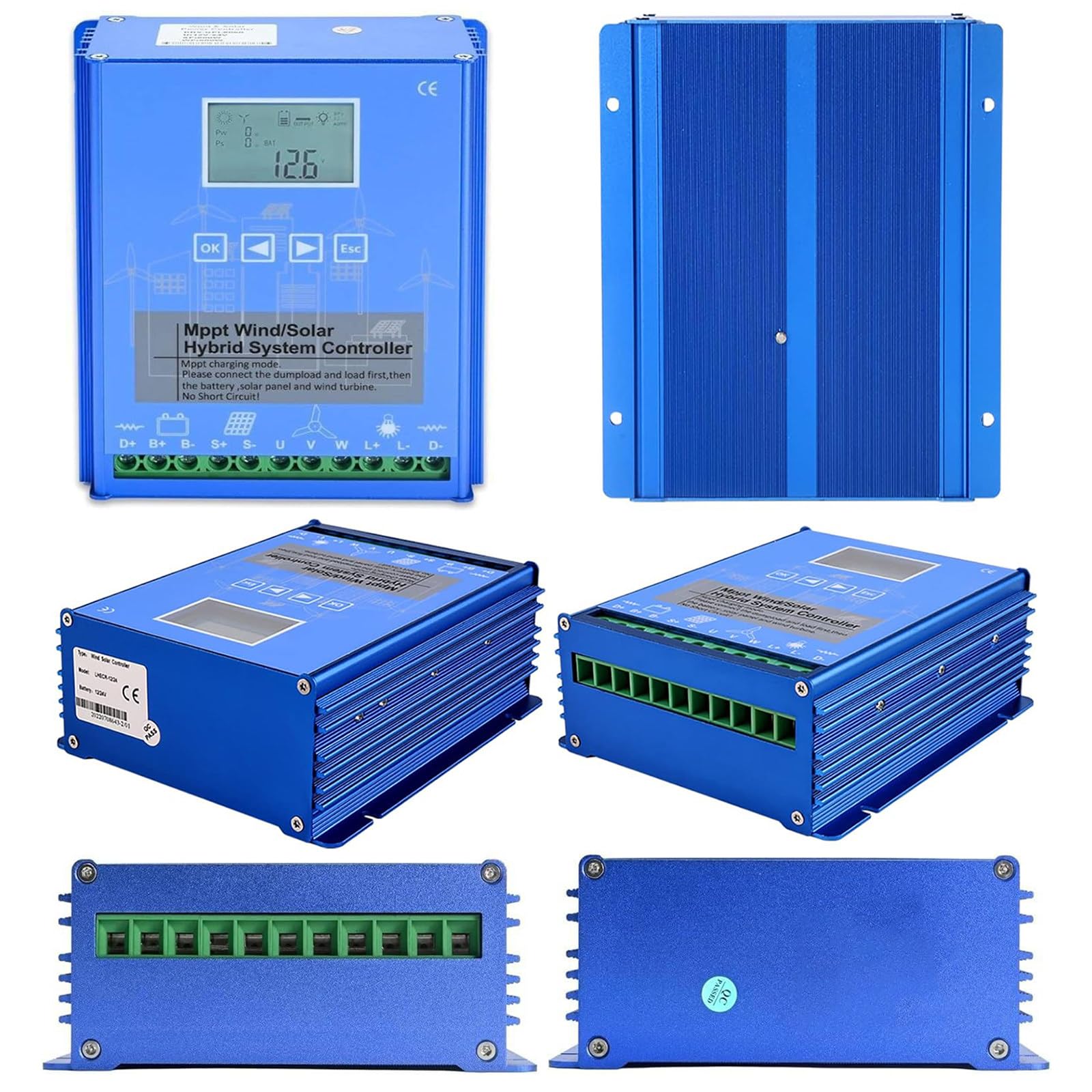 Hybrid-MPPT-Laderegler für Wind- und Solarenergie, 12000 W, 24 V | Automatische Lastabwurfsteuerung mit LCD-Anzeige | Hoher Wirkungsgrad für Windkraftanlagen und Solarmodule