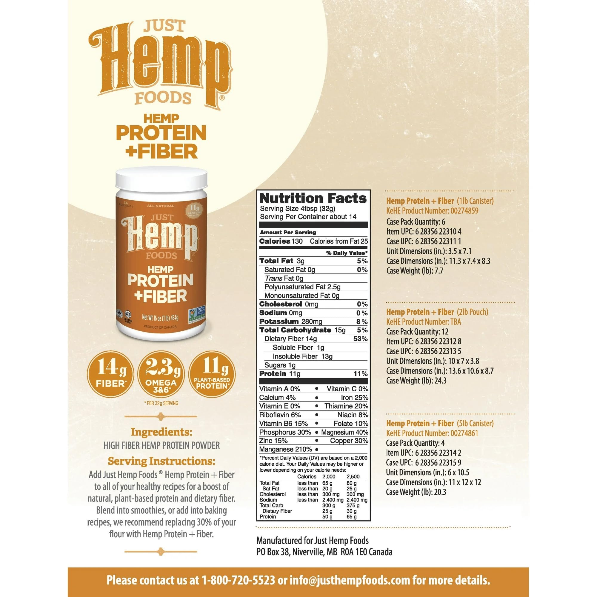 Just Hemp Foods Hemp Protein Powder Plus Fiber, Non-GMO Verified with 11g of Protein & 11g of Fiber per Serving, 16 oz - Packaging May Vary