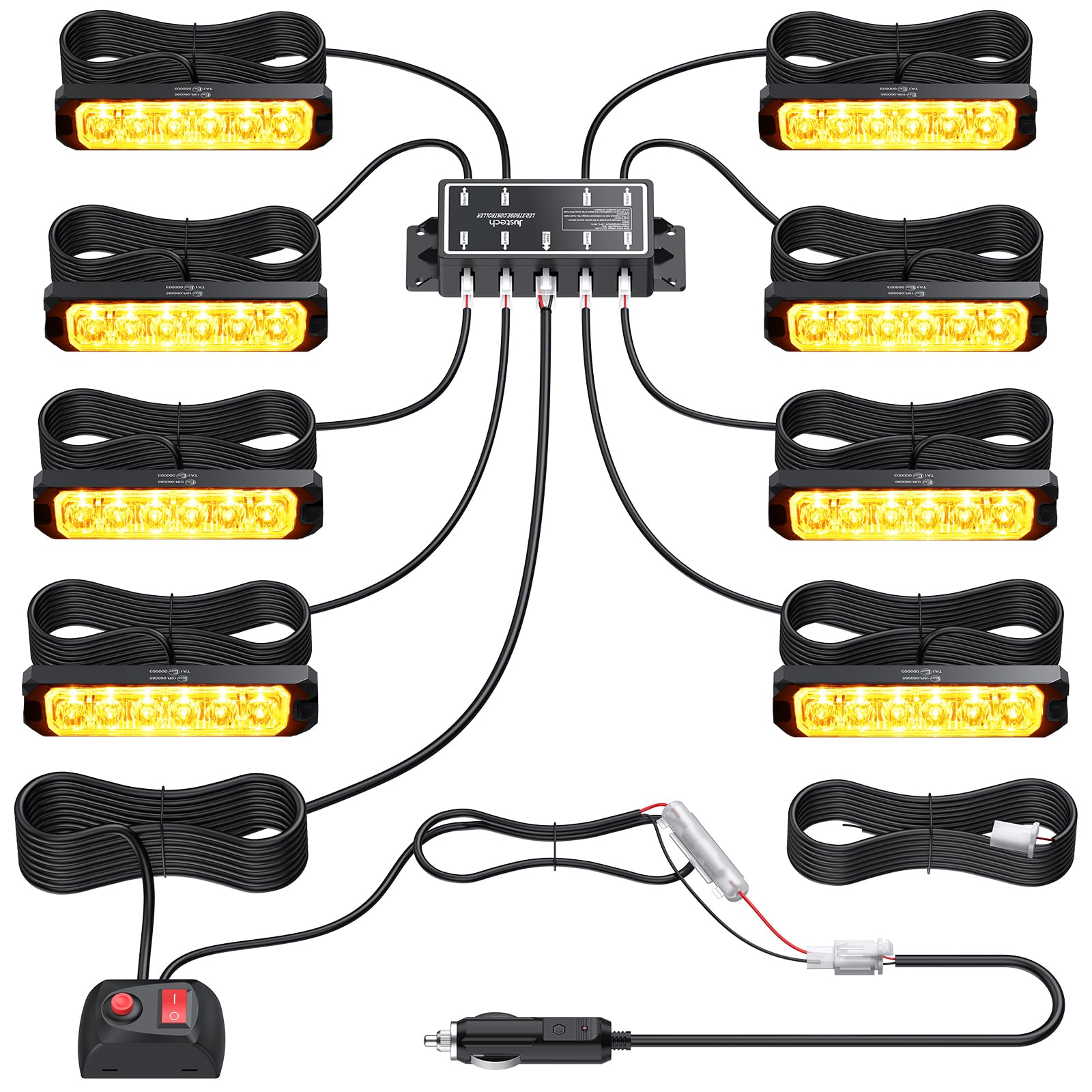 Justech 8 x 6 diod LED samochodowe światła stroboskopowe, bursztynowe ostrzeżenie o zagrożeniu, światła ostrzegawcze, 14 trybów, awaryjne migające światła z główną skrzynką sterującą, 12 V/24 V