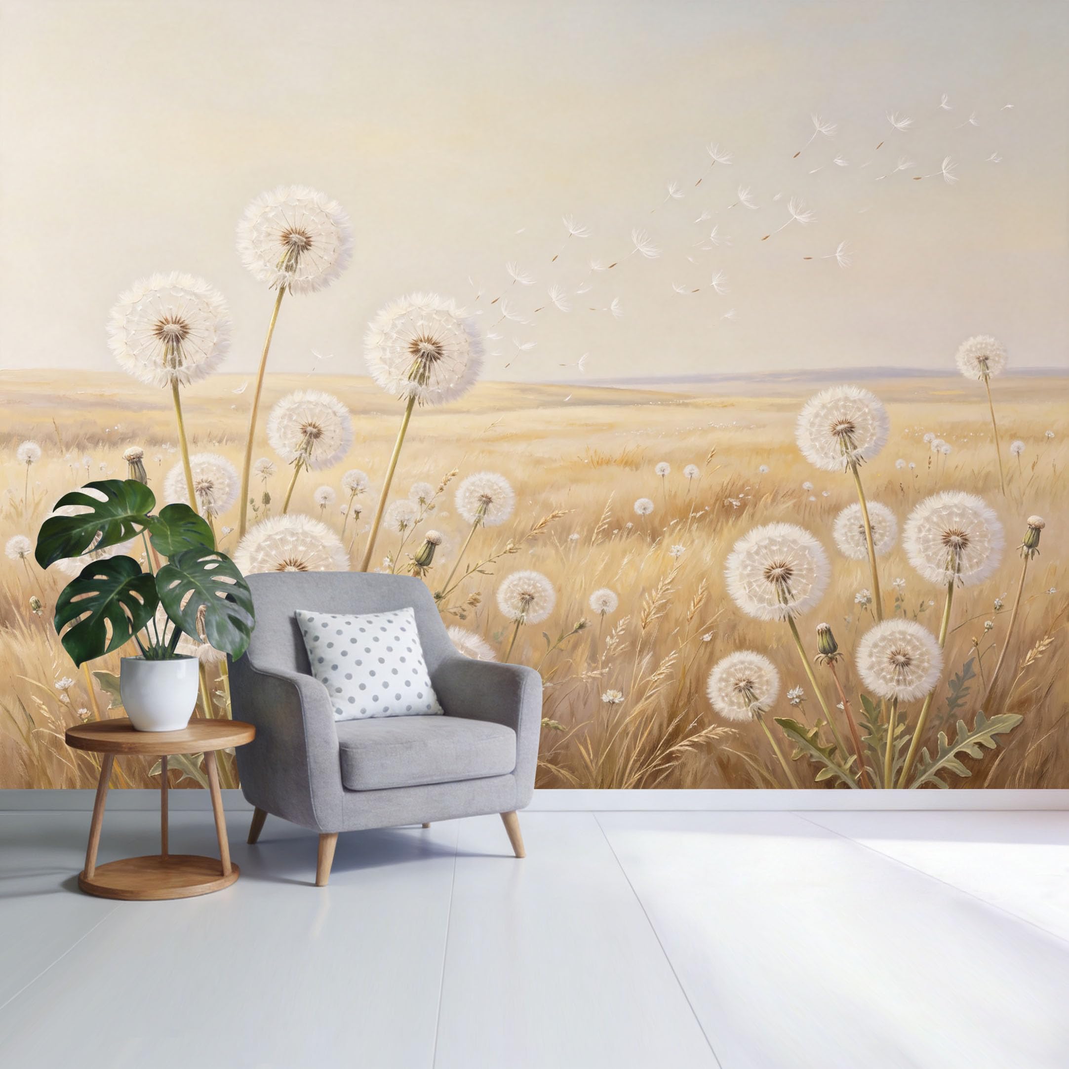 Custom Size Wall Mural Dandelion Field Landscape Golden Meadow Botanic Minimalist Style SelfAdhesive Wall Fabric Removable Wallpaper for Home Office Decor