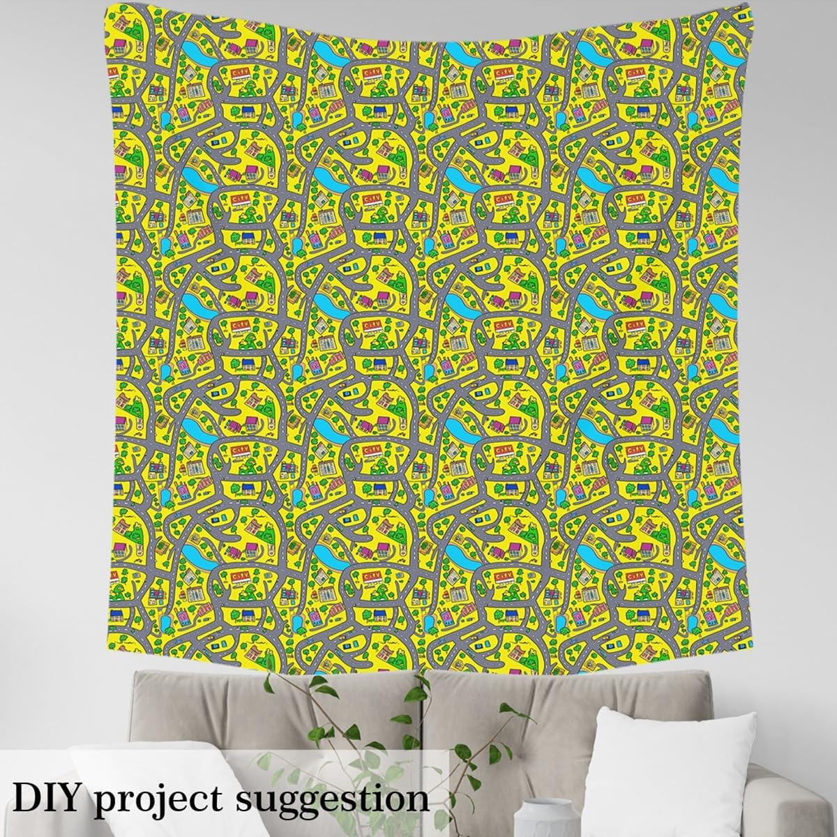Erosebridal Kids' Play Mat Fabric by The Yard, Cartoon City Runway Upholstery Fabric, Hand-Drawn Town Decorative Fabric, Car Race Roadway Activity Indoor Outdoor Fabric, Yellow Green, 3 Yards