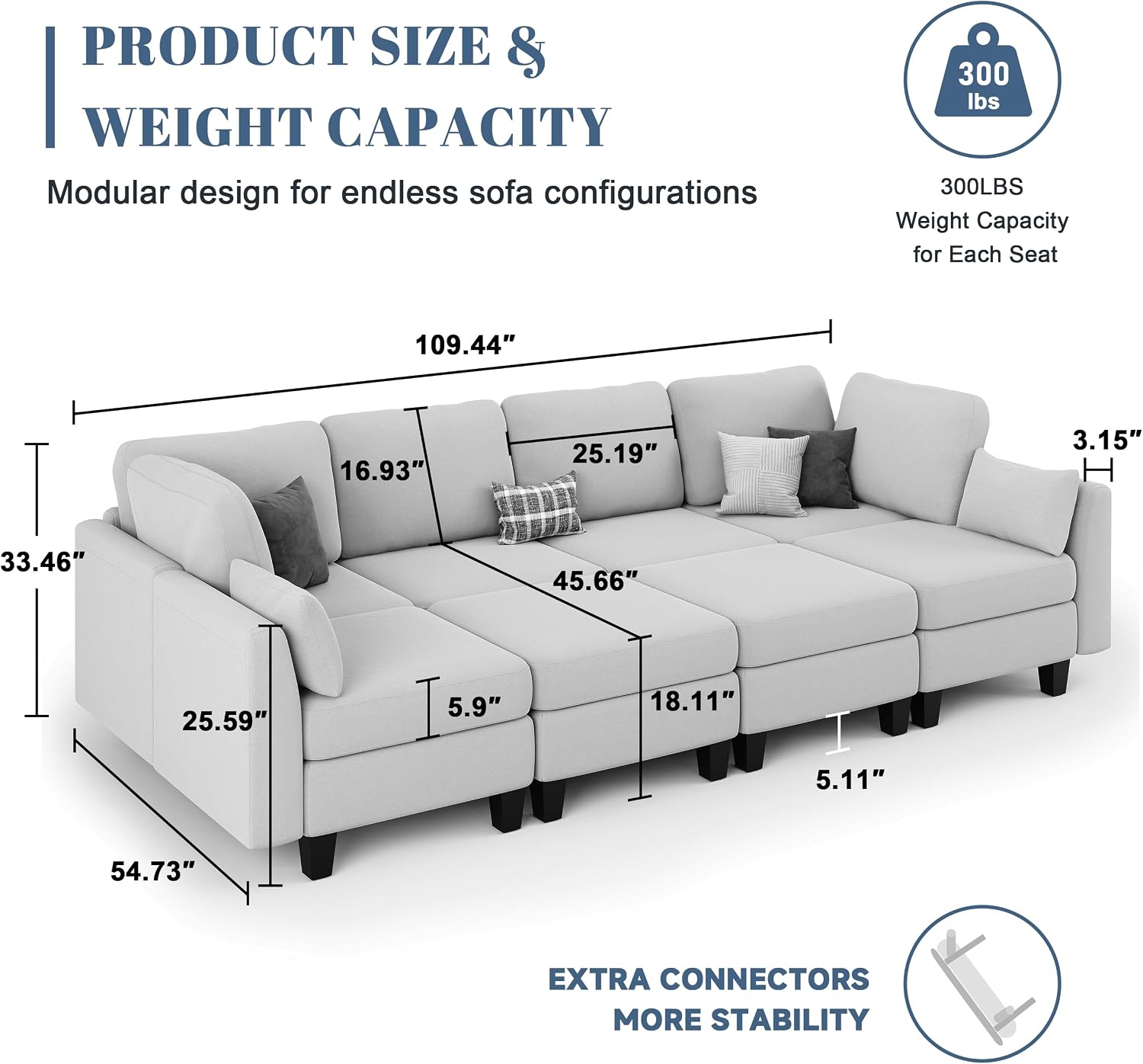 Dowiean 8-Seater Modular Sleeper Sofa Convertible Sectional Couch with Ottomans Light Grey