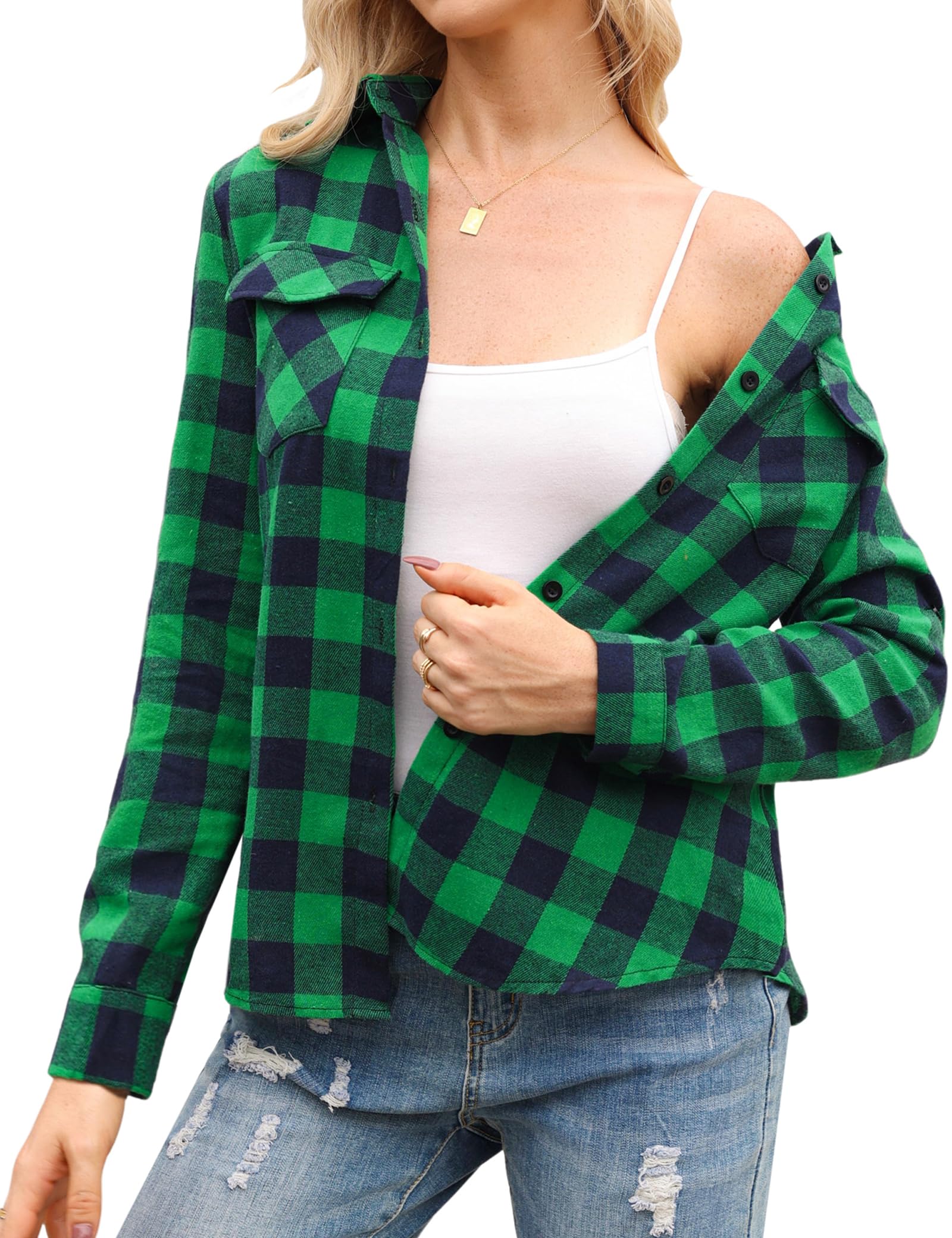 Irevial Damen Karierte Bluse Karohemd Button-down Langarm Karo Flanell Hemden Baumwolle Hemdbluse Flanellhemd für Frühling und Herbst