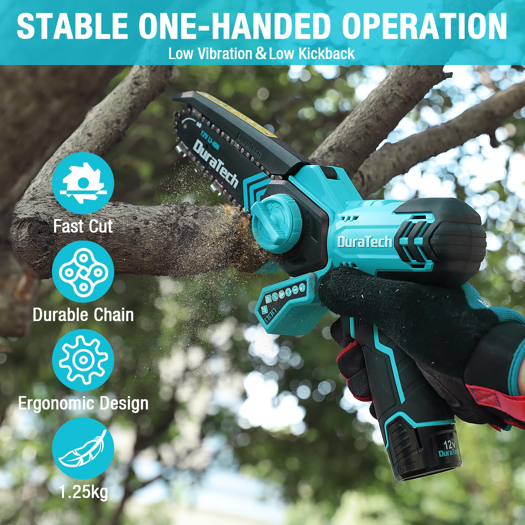 DURATECH Mini Motosierra Inalámbrica 12V con 2 Baterías y Cargador | Motosierra Eléctrica Sin Cable con Bloqueo de Seguridad para Cortar Árboles, Ramas y Arbustos en Jardinería