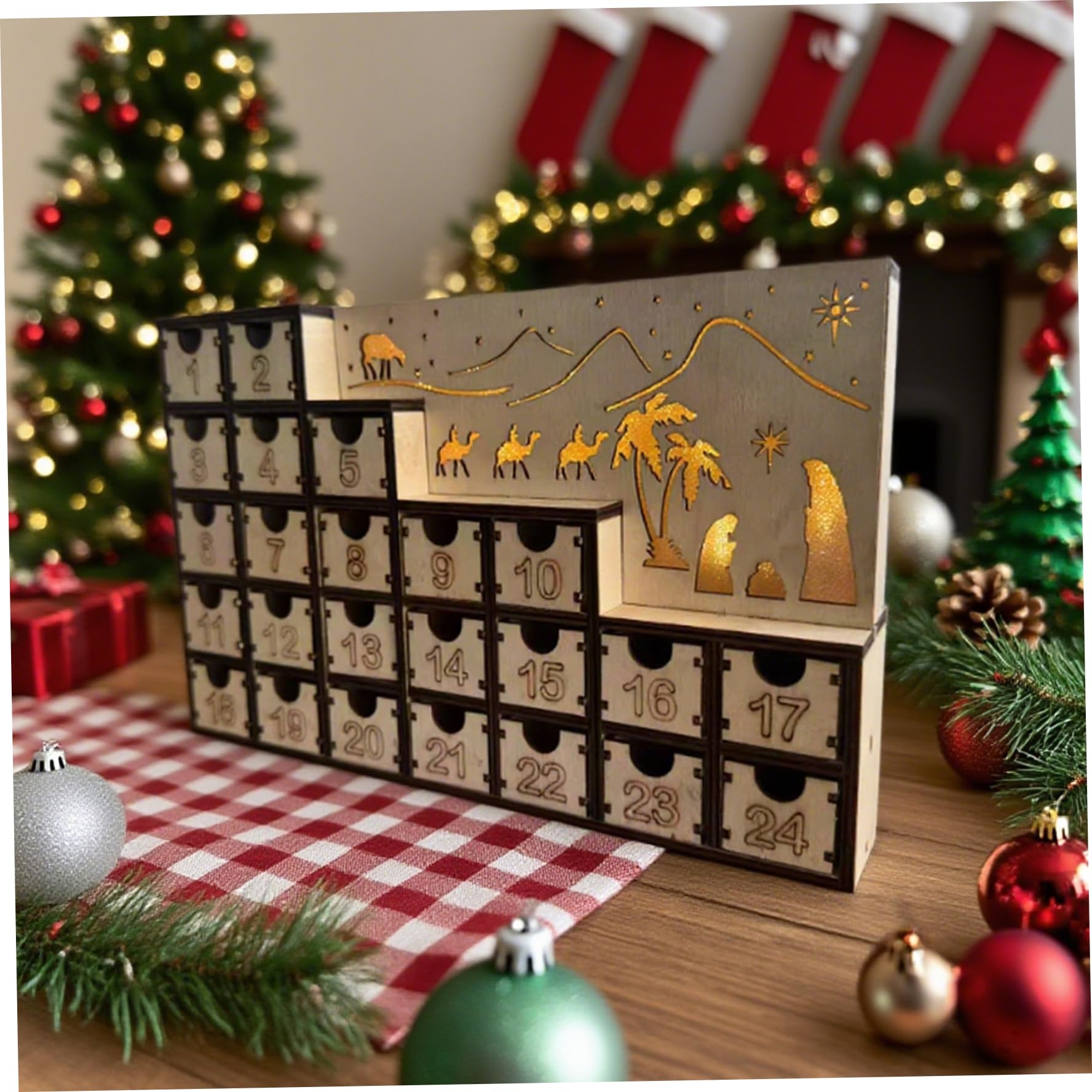 Calendario dell'Avvento in legno con cassetti LED Conto alla rovescia per 24 giorni Scatola vuota fai-da-te, Calendario dell'Avvento natalizio riutilizzabile Idea per la decorazione della casa p