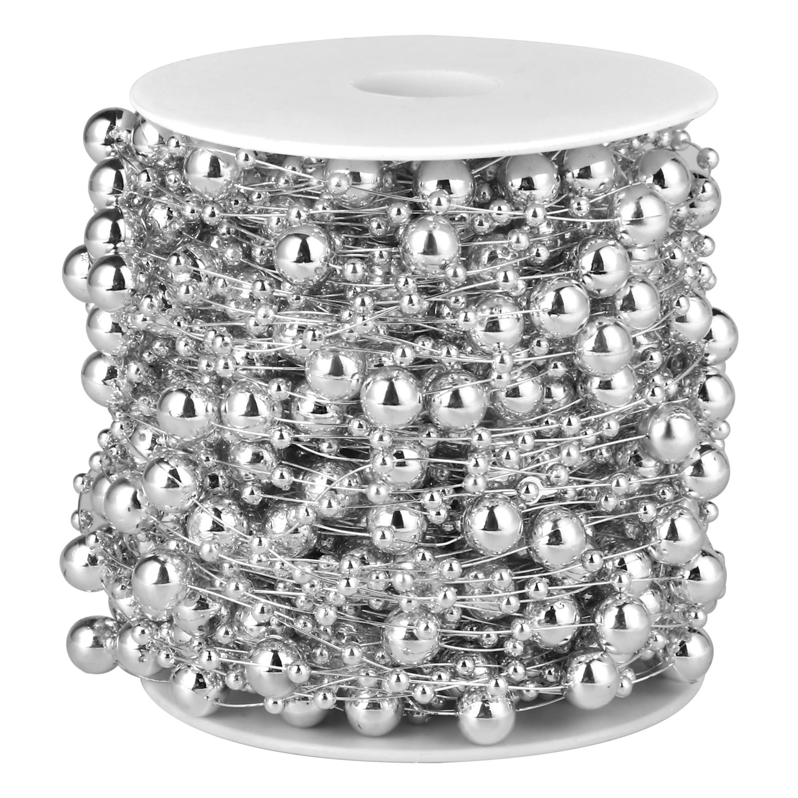 98FT 8mm 3mm Silver Faux Pearl Beads String Garland Roll Bulk for DIY Craft