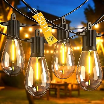 Outdoor String Lights 50FT, Commercial Grade Patio Lights with 16 15+1 S14 Shatterproof Dimmable Bulbs for Bistros Backyard Porch Party, IP65 Waterproof 2700K Warm White dimmers not included