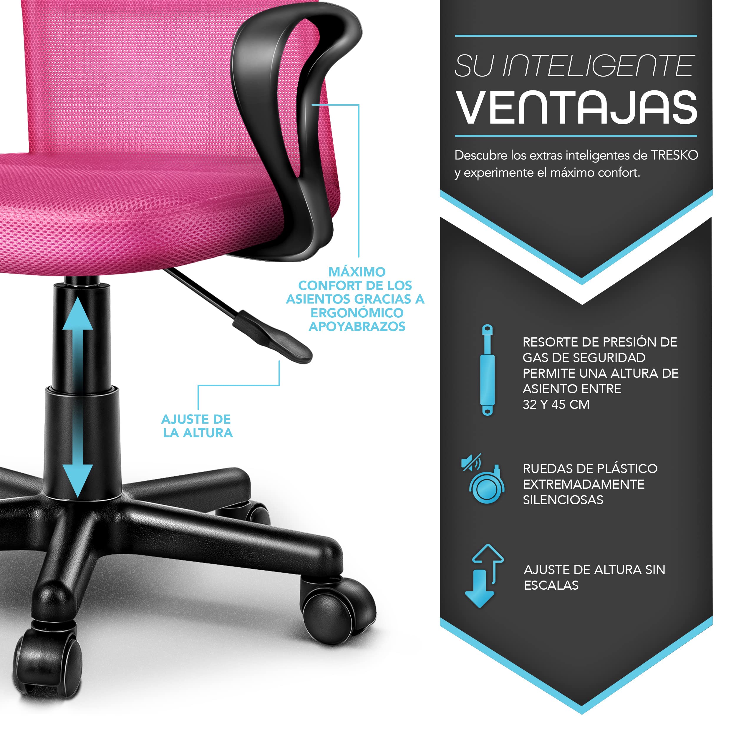 TRESKO Silla de Oficina Escritorio giratoria | Silla Giratoria con reposabrazos | para Estudio de Oficina, Regulable en Altura de Forma Continua, Respaldo ergonómico