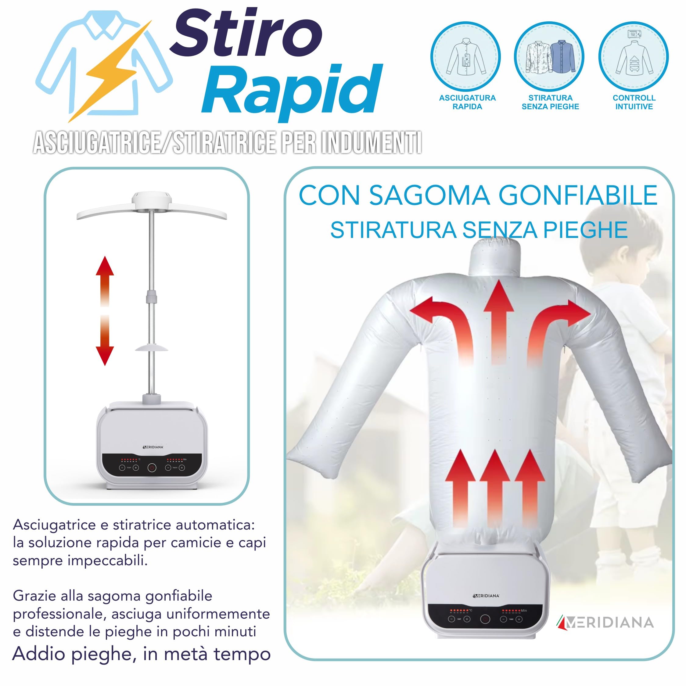 Meridiana Manichino per Stirare e Asciugare Camicie, Stiratore verticale Timer 180 min, Asta Telescopica in Alluminio, Asciuga e Stira camicie Automatico 1200 W, Ferro da stiro verticale