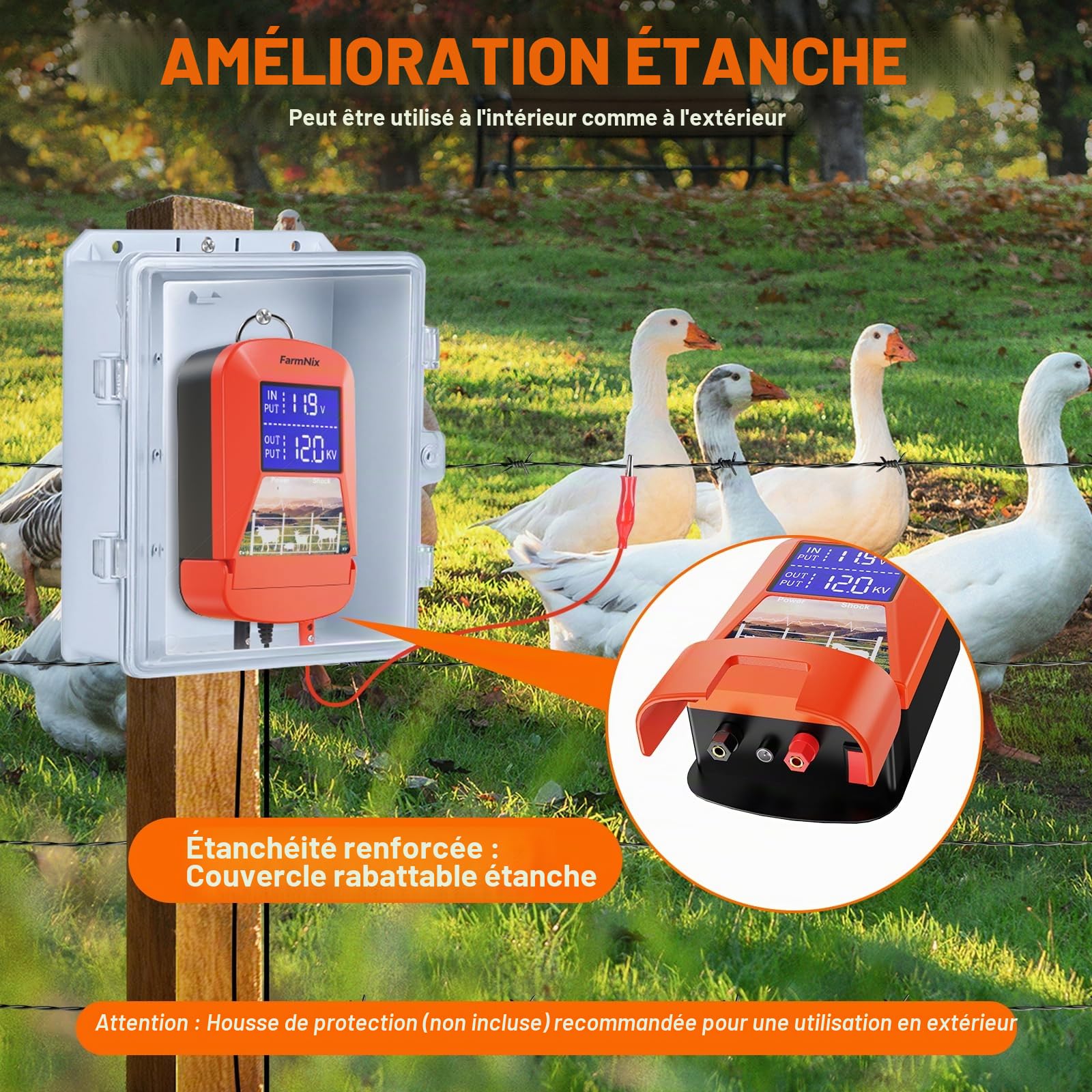 Électrificateur de clôture électrique 12 V avec affichage LED, 3J 230 V pour une portée de 24 km, plusieurs options d'alimentation (secteur/batterie/solaire), chargeur de clôture électrique