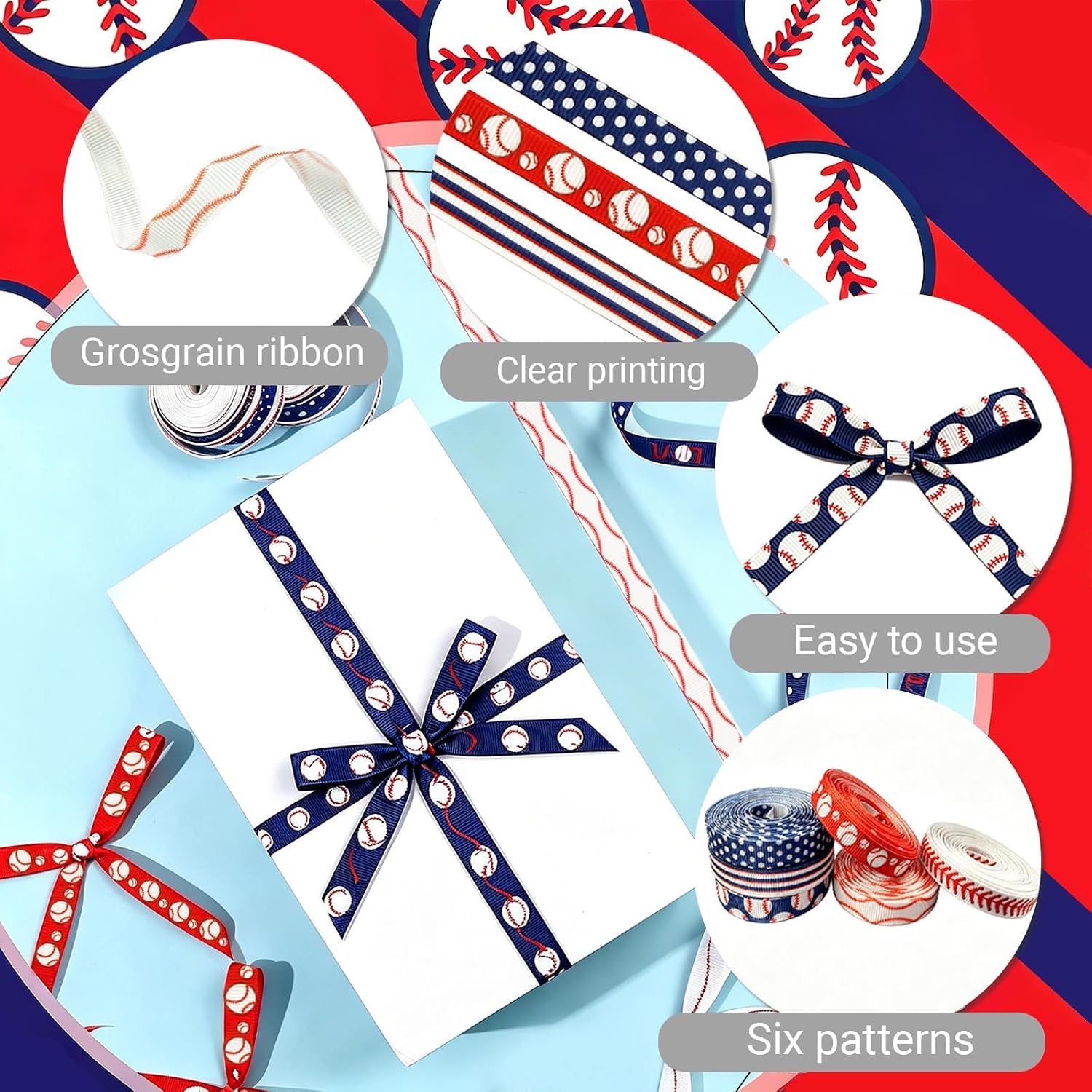 6 Pack Baseball Ribbon for Crafts, Red Blue Sports Grosgrain Ribbons for Sports Party Decor Sewing DIY Crafts Supplies (1cm X 5 Yards Each)