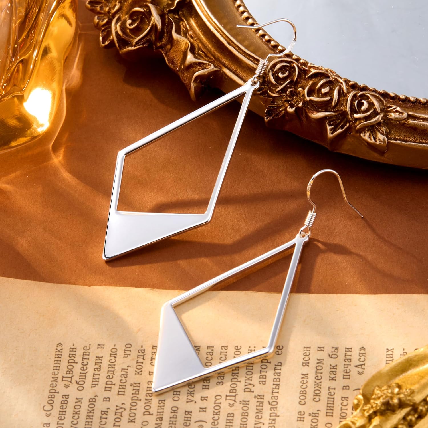 Sterling Silver Dangle Earrings for Women 14K Gold Plated Lightweight Statement Rhombus Drop Earrings Hypoallergenic Leverback Hook Earing for Women Trendy - Image 5