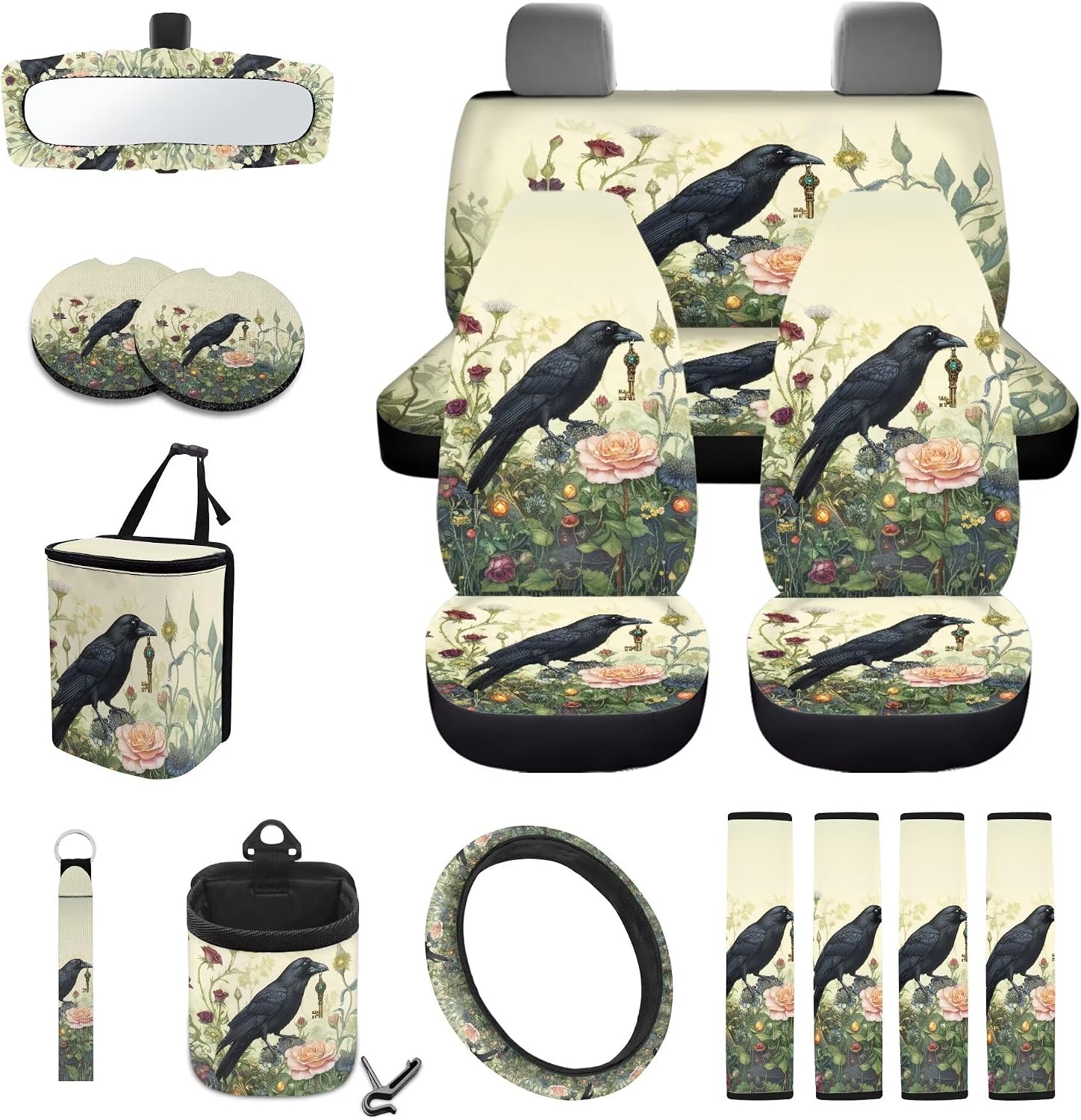 Raven Floral Print 15 Pack Car Accessories Set Car Seat Covers Steering Wheel Cover Seat Belt Strap Cover Trash Bag Air Vent Storage Holder Rear View Mirror Covers Coasters Key Chain