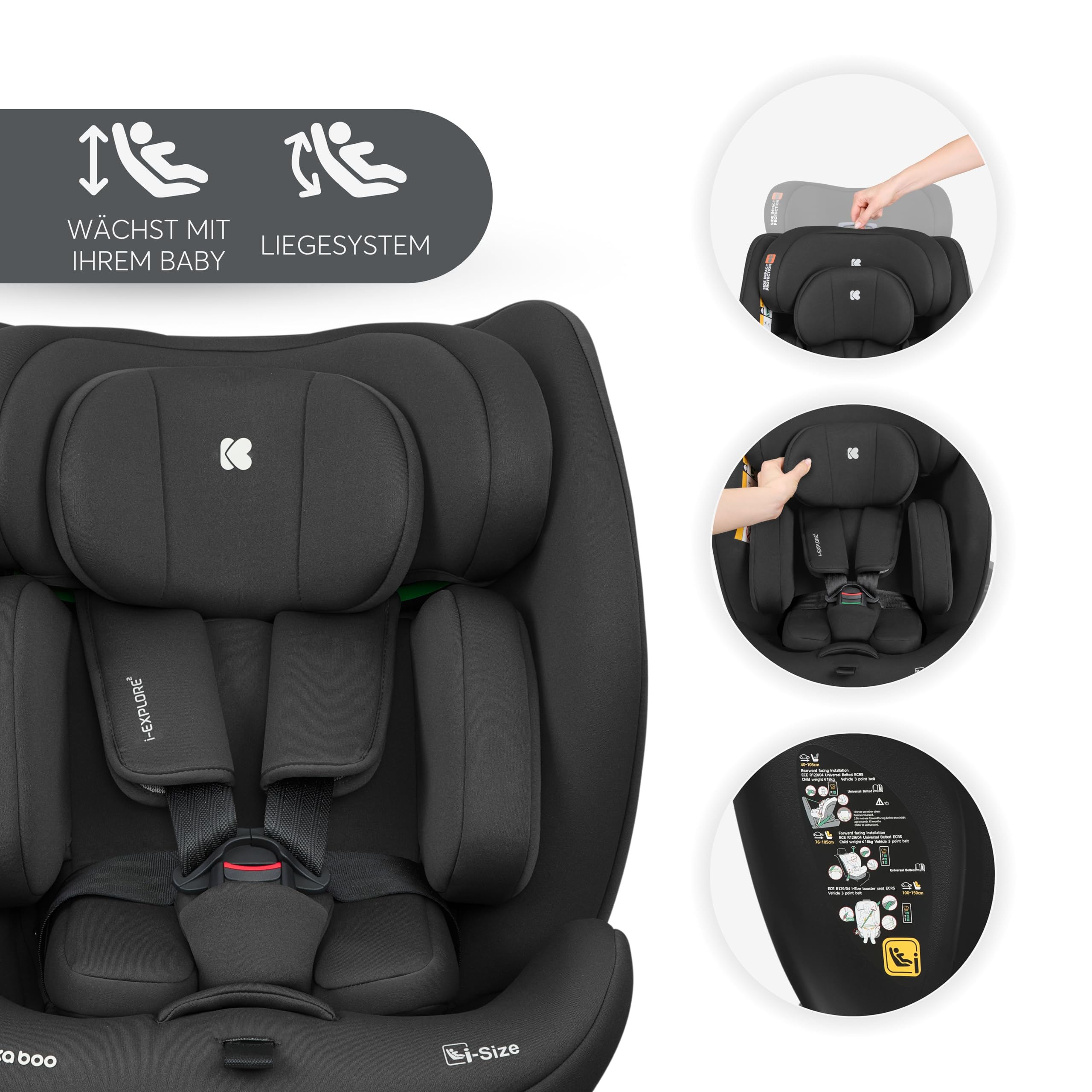 KikkaBoo Kindersitz 9-36 kg i-EXPLORE 2, 40-150 cm, Gruppe 0 1 2 3, i-Size, Rückwärts & Vorwärts, Liegesitz, 14-fach Kopfstütze, 5-Punkt-Gurt, Schwarz