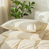 Vista 8 de MooMee Juego de 2 fundas de almohada 100% algodón lavado con textura parecida al lino, transpirable, duradera, suave y cómoda