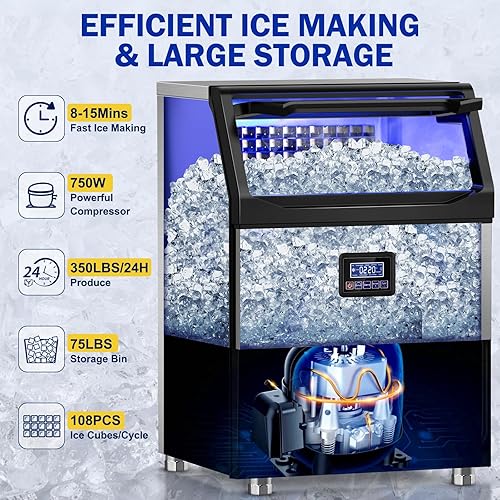 Miniatura 3 de Máquina comercial para hacer hielo, 350 libras24 horas con contenedor de almacenamiento de 75 libras, 108 cubos de hielo de 8 minutos, máquina de